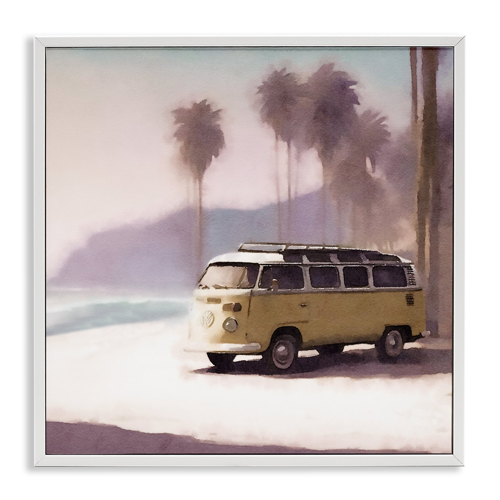 Stupell Industries Yellow Van on Beach Nautical & Beach Painting White Framed Art Print Wall Art, 17 x 17