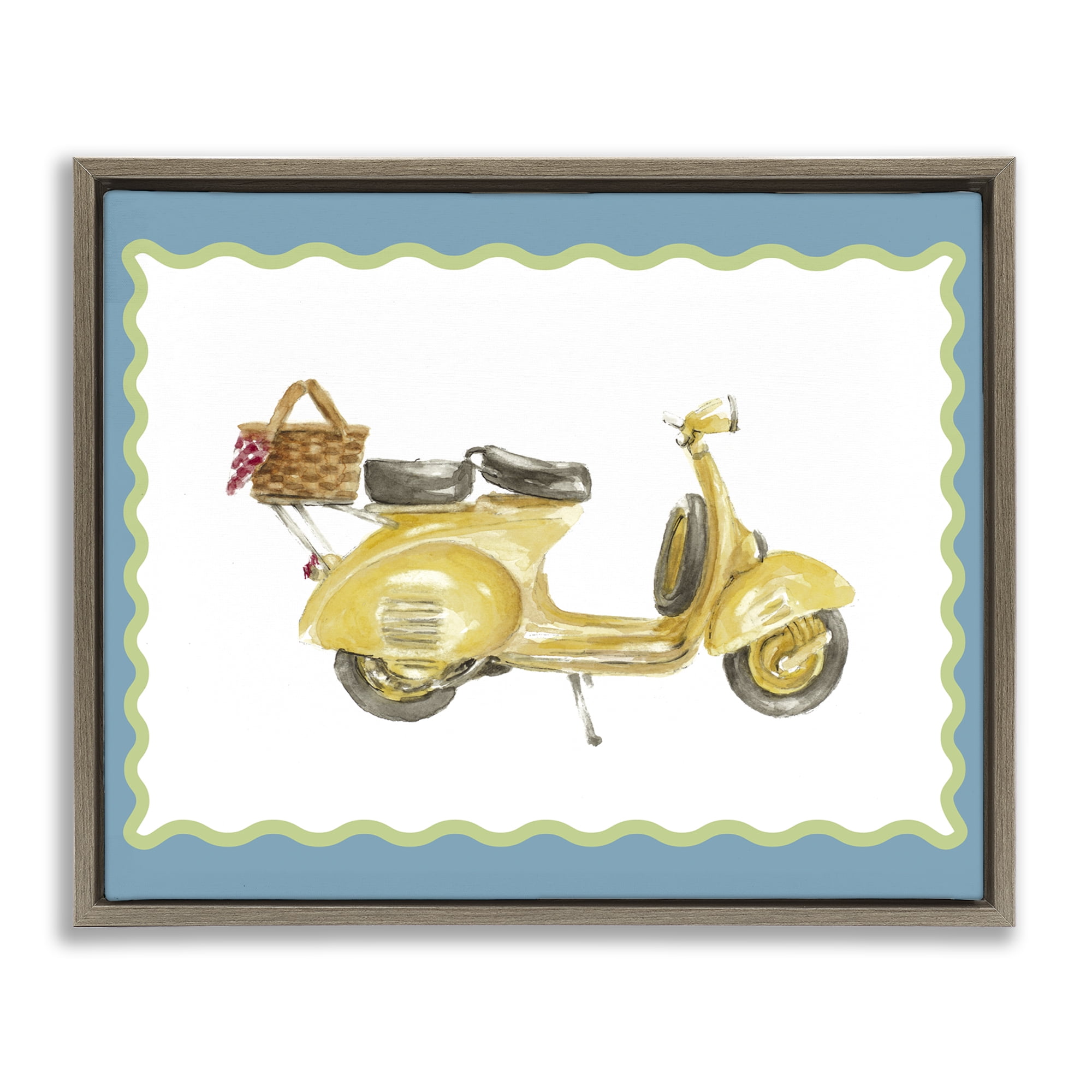 Stupell Industries Yellow Vespa with Wavy Border Brown Framed Floater Canvas Wall Art, design by Lanie Loreth