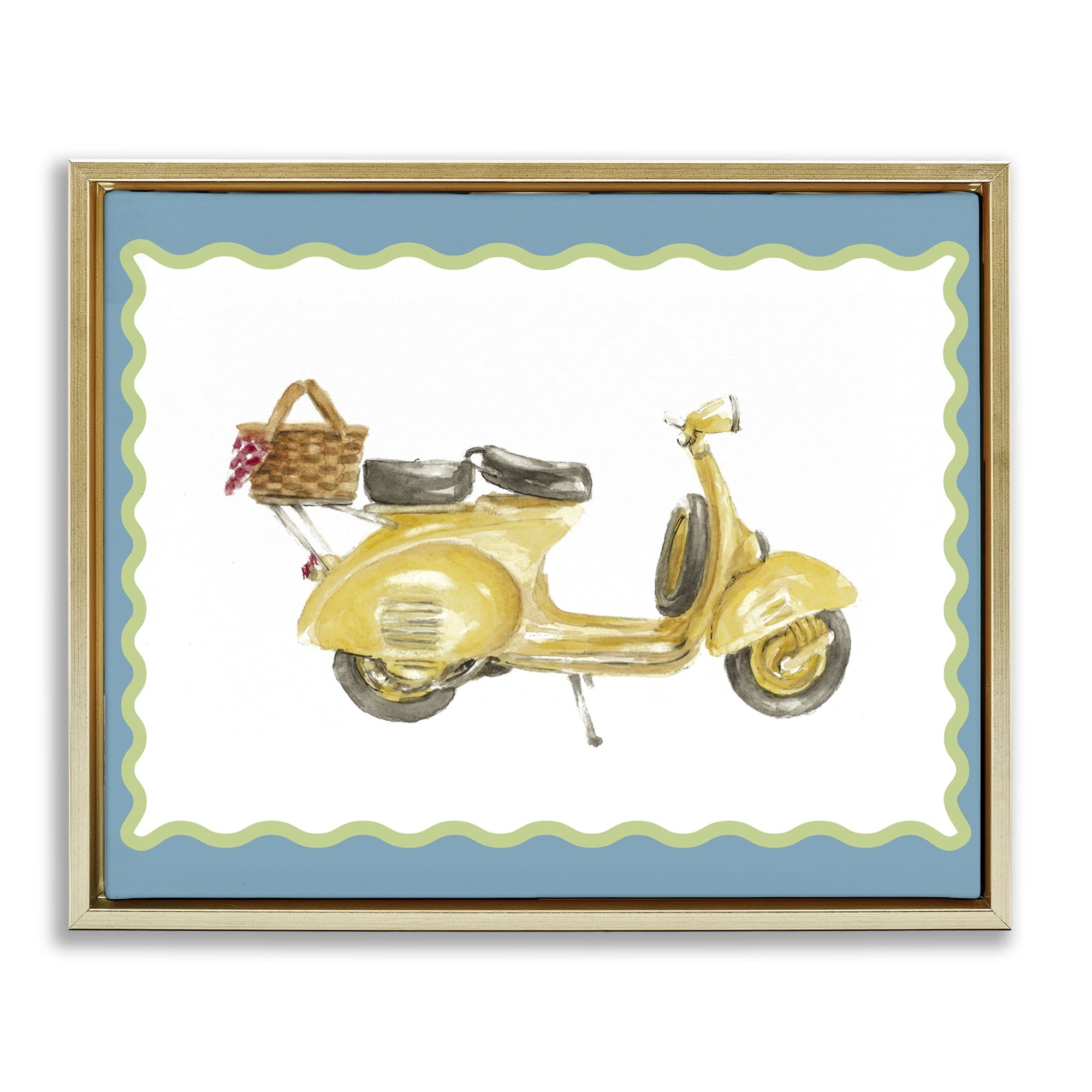 Stupell Industries Yellow Vespa with Wavy Border Gold Framed Floater Canvas Wall Art, design by Lanie Loreth