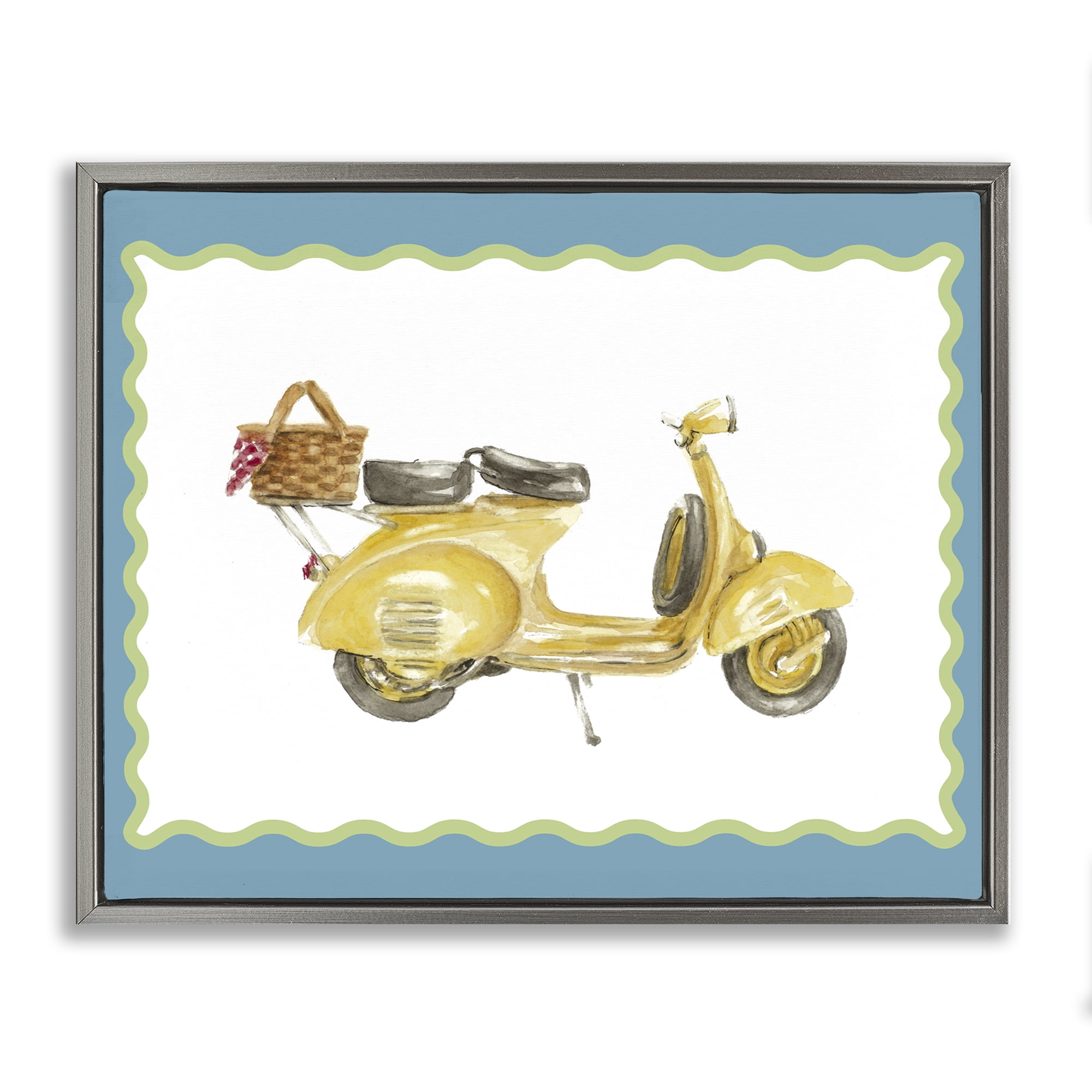 Stupell Industries Yellow Vespa with Wavy Border Gray Framed Floater Canvas Wall Art, design by Lanie Loreth