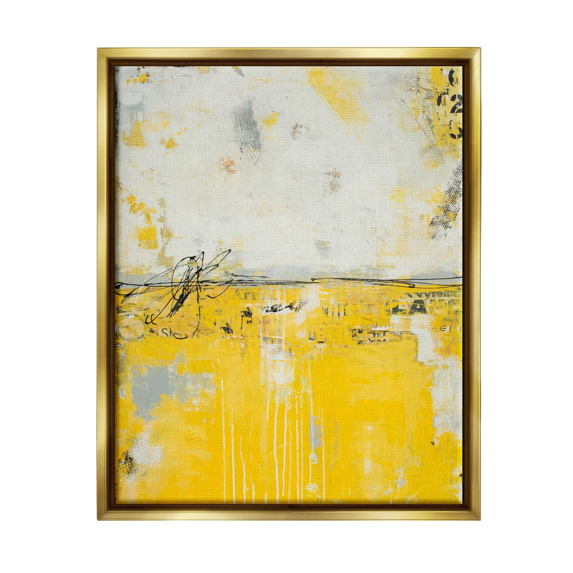 Stupell Industries Yellow Weathered Street Style Modern Scribble Stencil Painting Metallic Gold Floating Framed Canvas Print Wall Art, Design by Erin Ashley