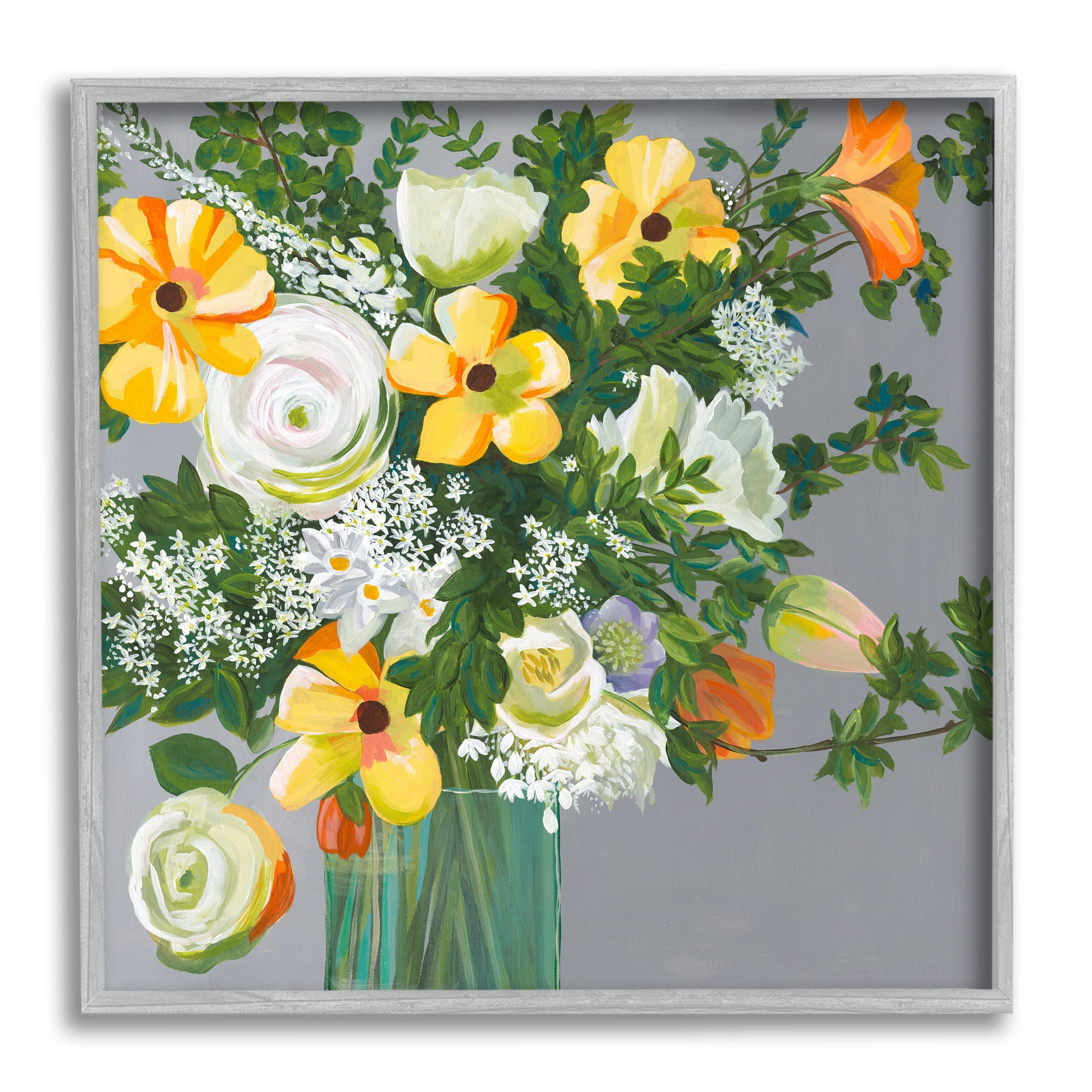 Stupell Industries Yellow & White Flowers Botanical & Floral Painting Gray Framed Art Print Wall Art, 17 x 17