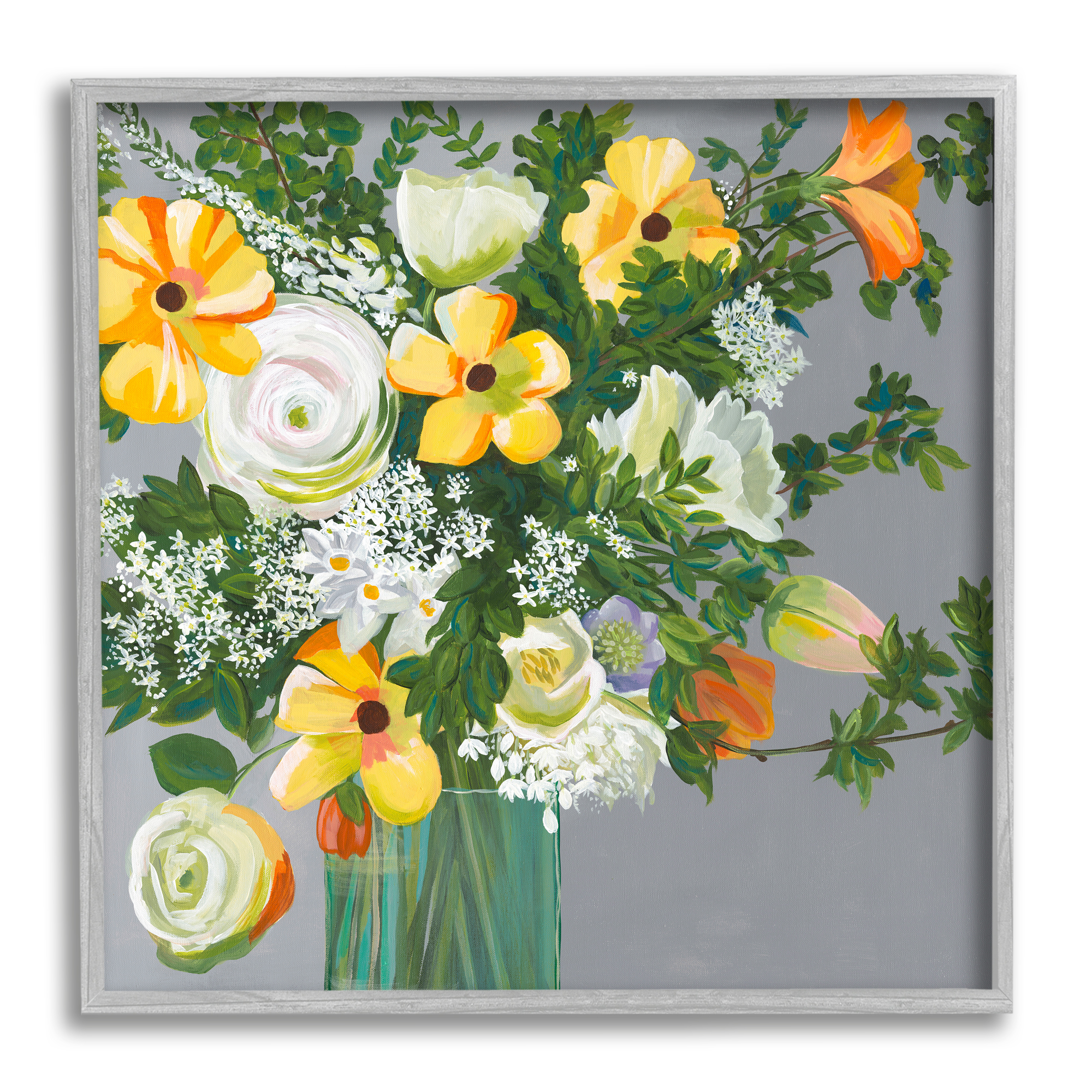 Stupell Industries Yellow & White Flowers Botanical & Floral Painting Gray Framed Art Print Wall Art, 24 x 24