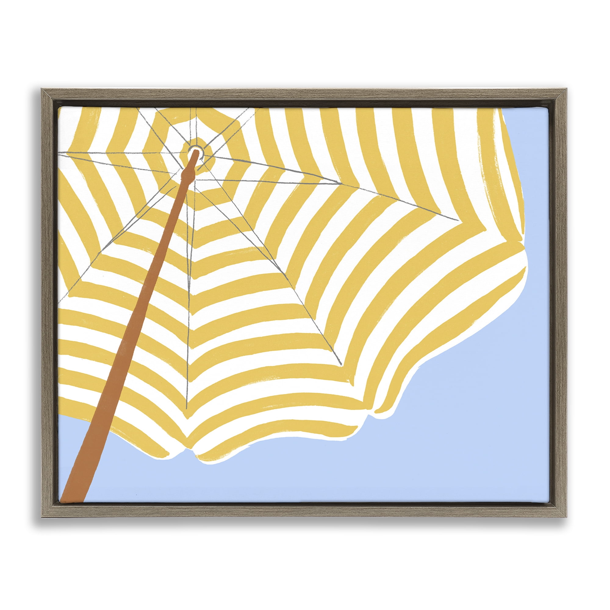 Stupell Industries Yellow & White Umbrella Coastal Painting Brown Floater Framed Canvas Art Print Wall Art, 21 x 17