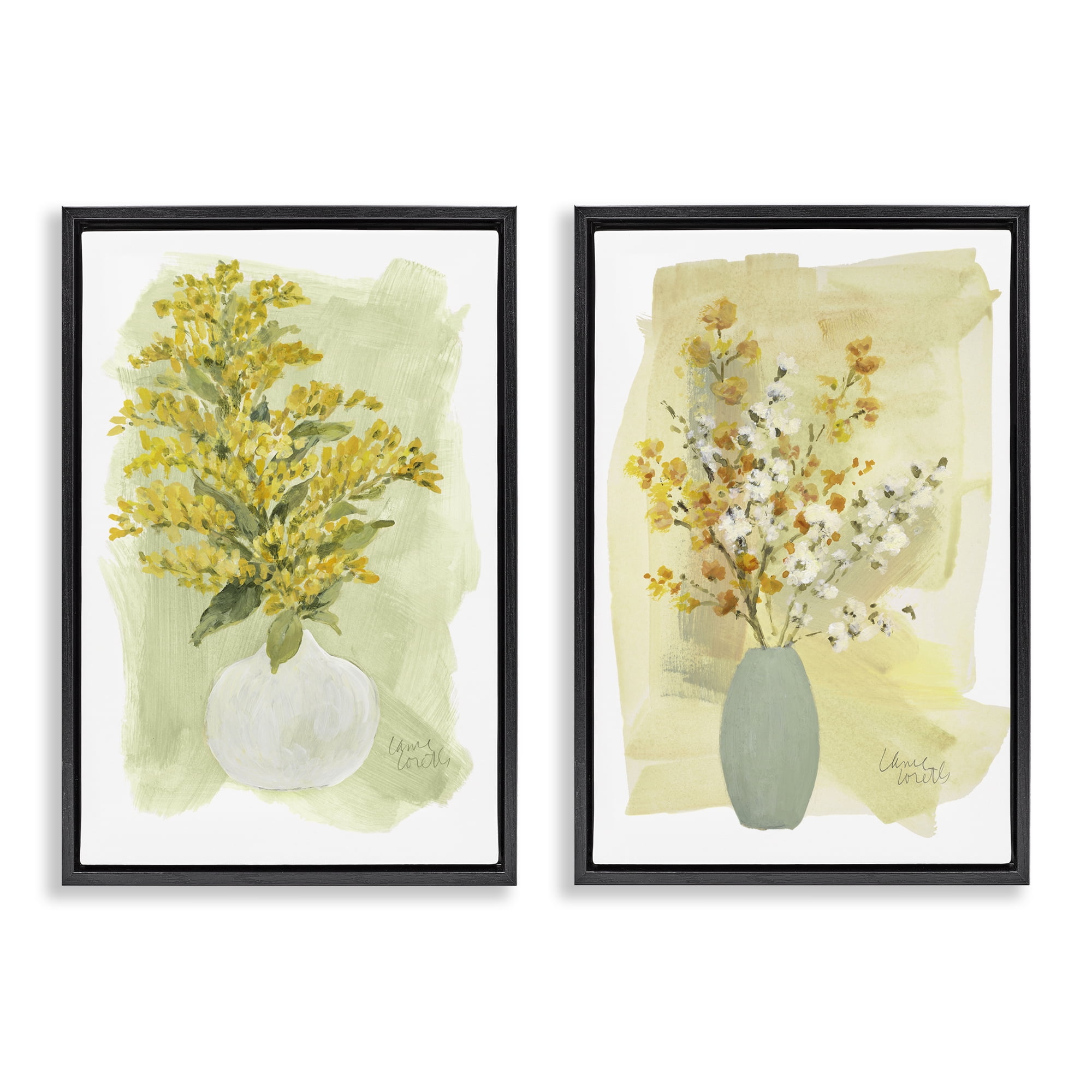 Stupell Industries Yellow Wildflowers in Bloom Floral & Botanical Painting Black Floater Framed Canvas Art Print Wall Art, 21 x 31, Set of 2