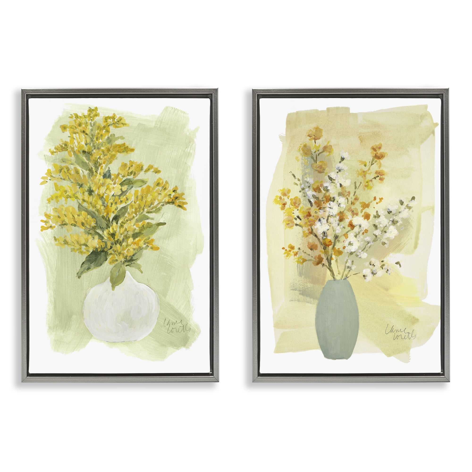 Stupell Industries Yellow Wildflowers in Bloom Floral & Botanical Painting Gray Floater Framed Canvas Art Print Wall Art, 21 x 31, Set of 2