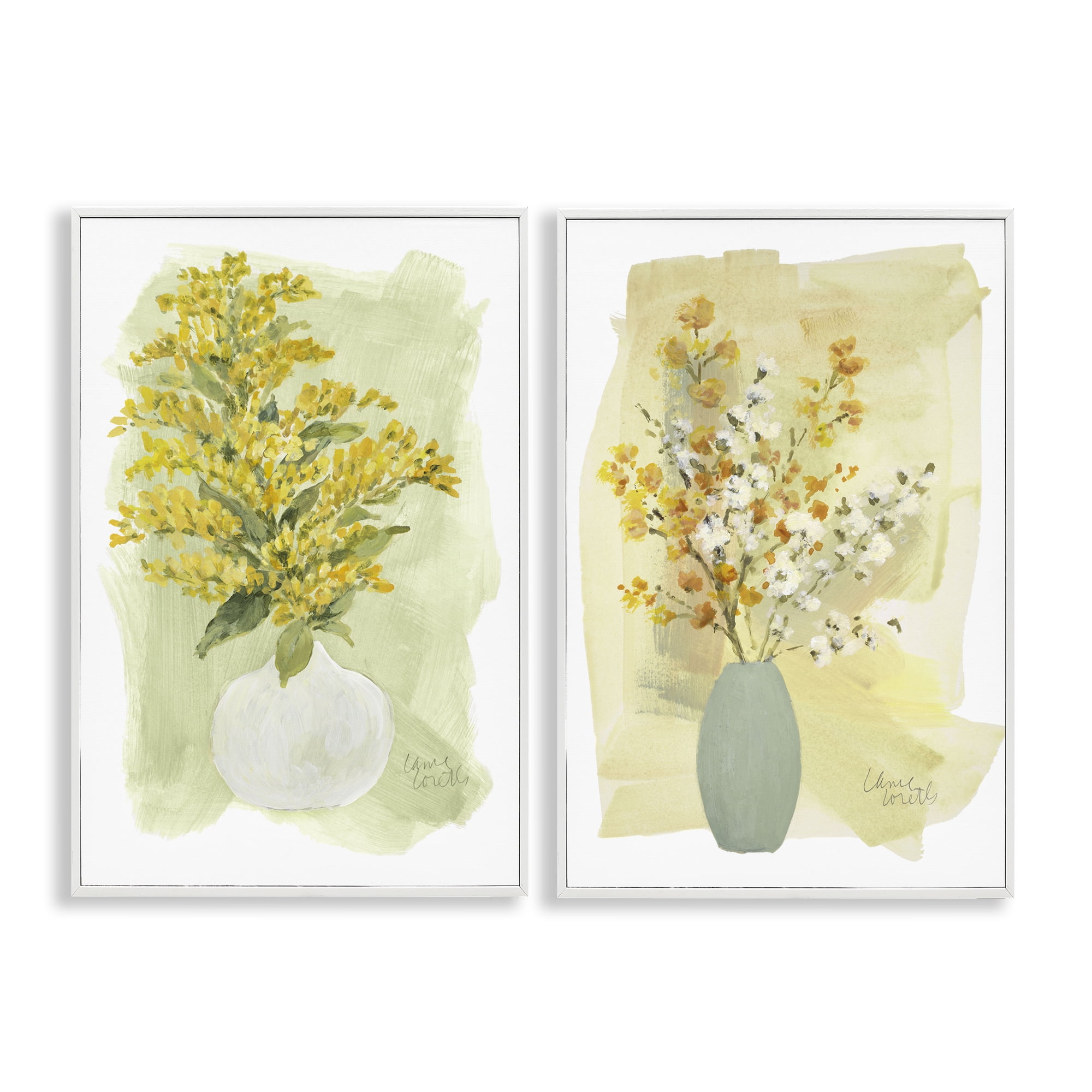 Stupell Industries Yellow Wildflowers in Bloom Floral & Botanical Painting White Framed Art Print Wall Art, 12 x 18, Set of 2