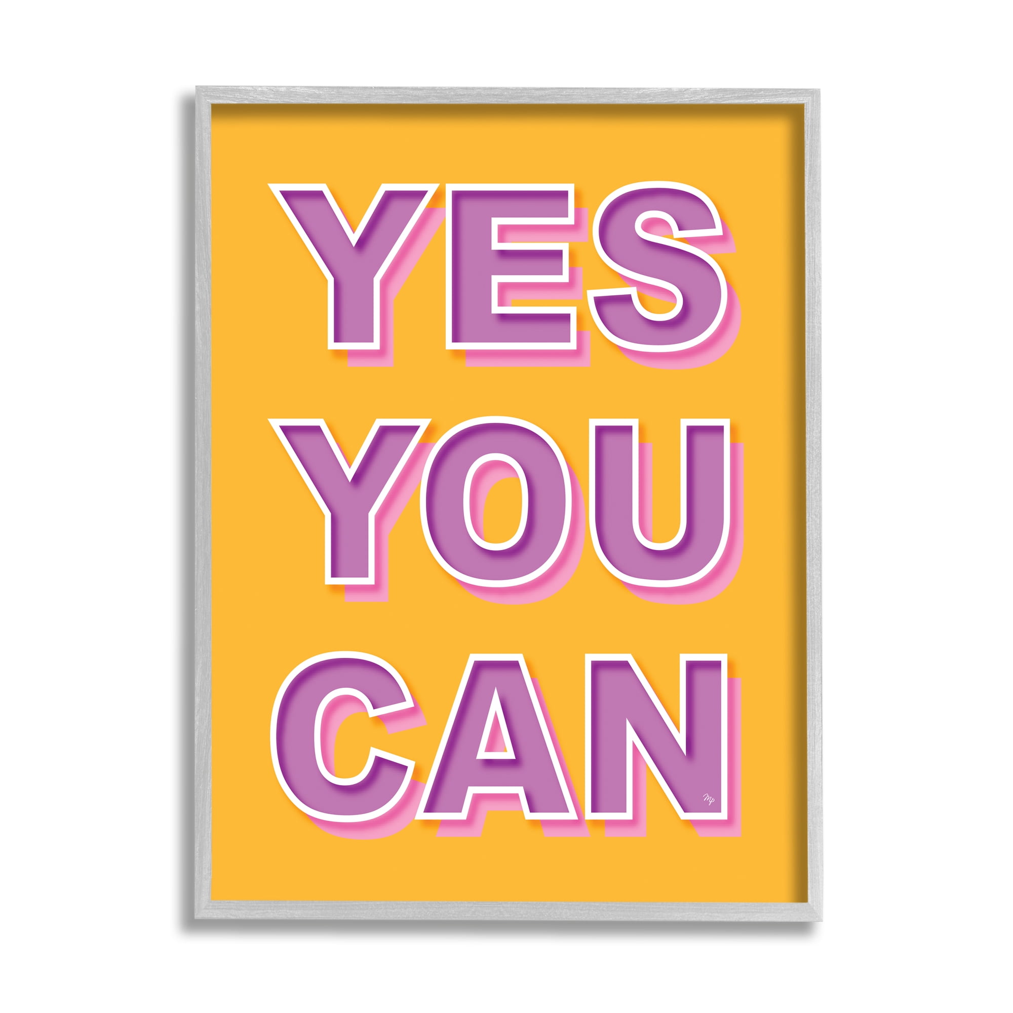 Stupell Industries Yes You Can Purple & Yellow Typography Painting Gray Framed Art Print Wall Art, 24 x 30
