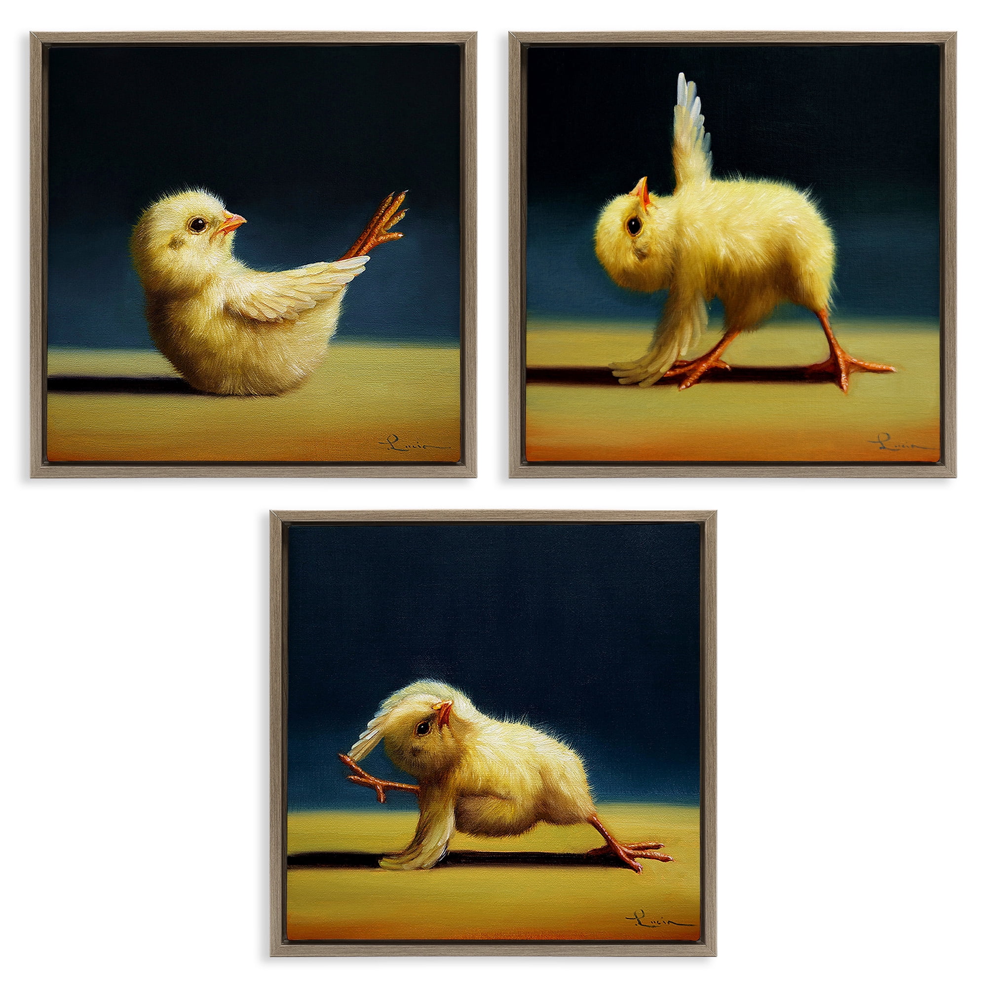 Stupell Industries Yoga Chick Trio Funny Farm Animals Animals & Insects Painting Brown Floater Framed Canvas Art Print Wall Art, 18 x 18, Set of 3