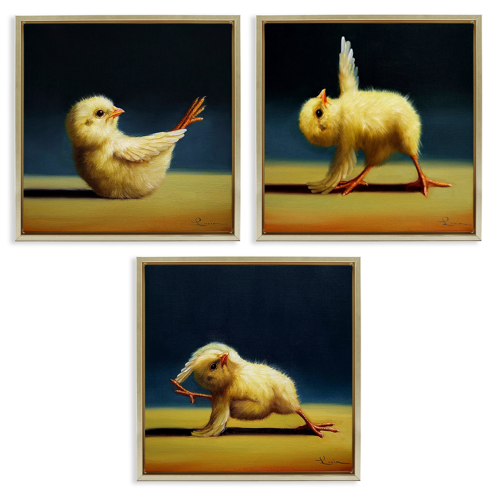 Stupell Industries Yoga Chick Trio Funny Farm Animals Animals & Insects Painting Gold Floater Framed Canvas Art Print Wall Art, 25 x 25, Set of 3