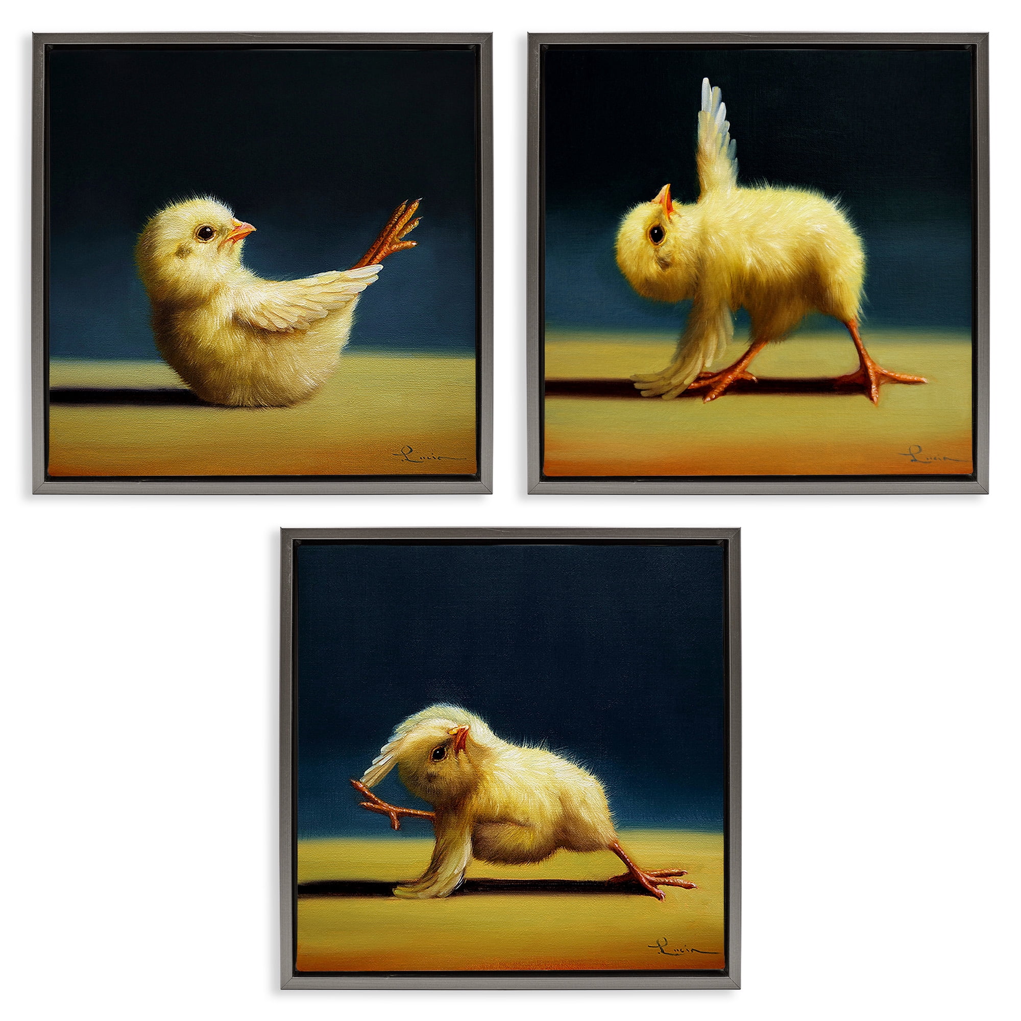 Stupell Industries Yoga Chick Trio Funny Farm Animals Animals & Insects Painting Gray Floater Framed Canvas Art Print Wall Art, 25 x 25, Set of 3