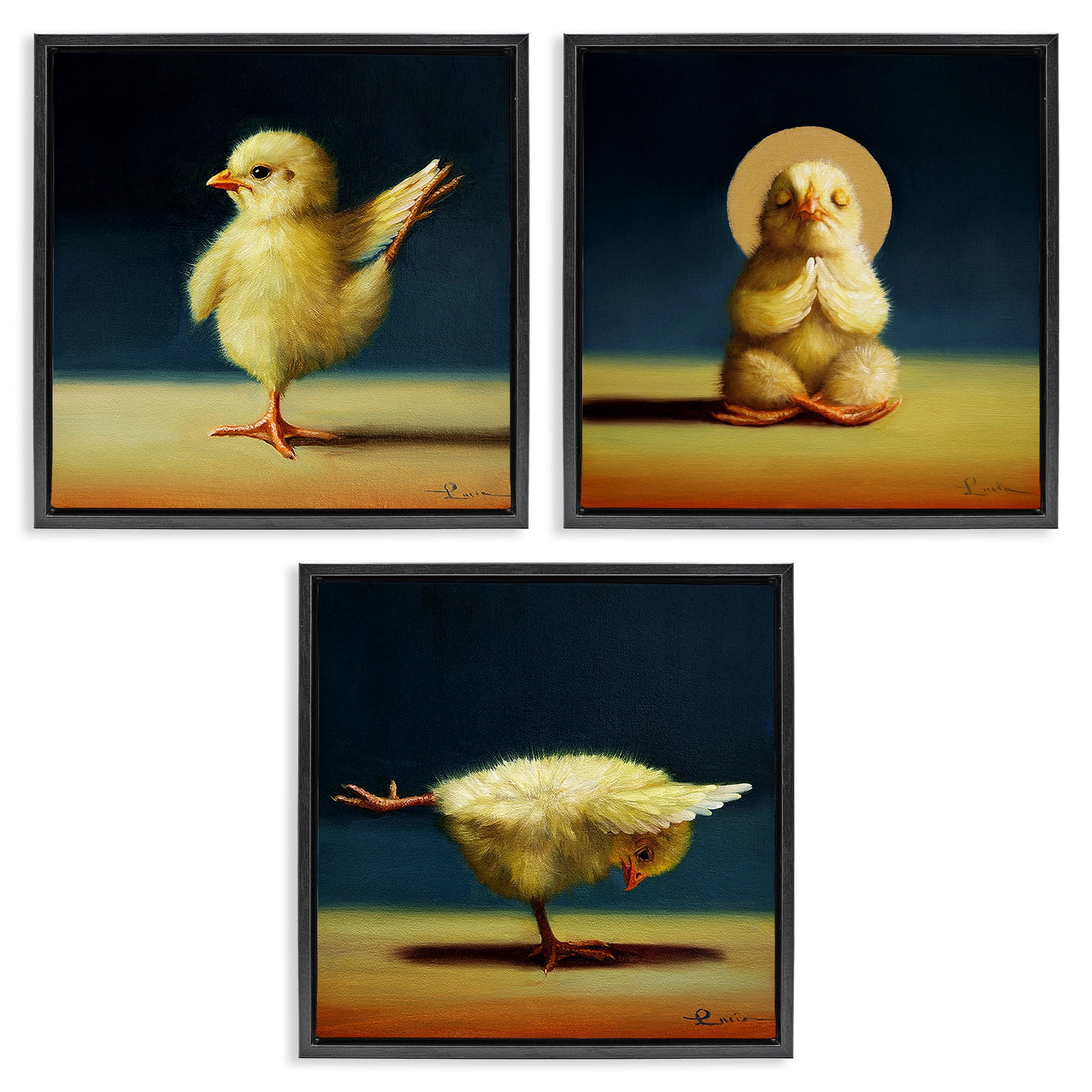 Stupell Industries Yoga Chick Trio Stretching Poses Animals & Insects Painting Black Floater Framed Canvas Art Print Wall Art, 18 x 18, Set of 3