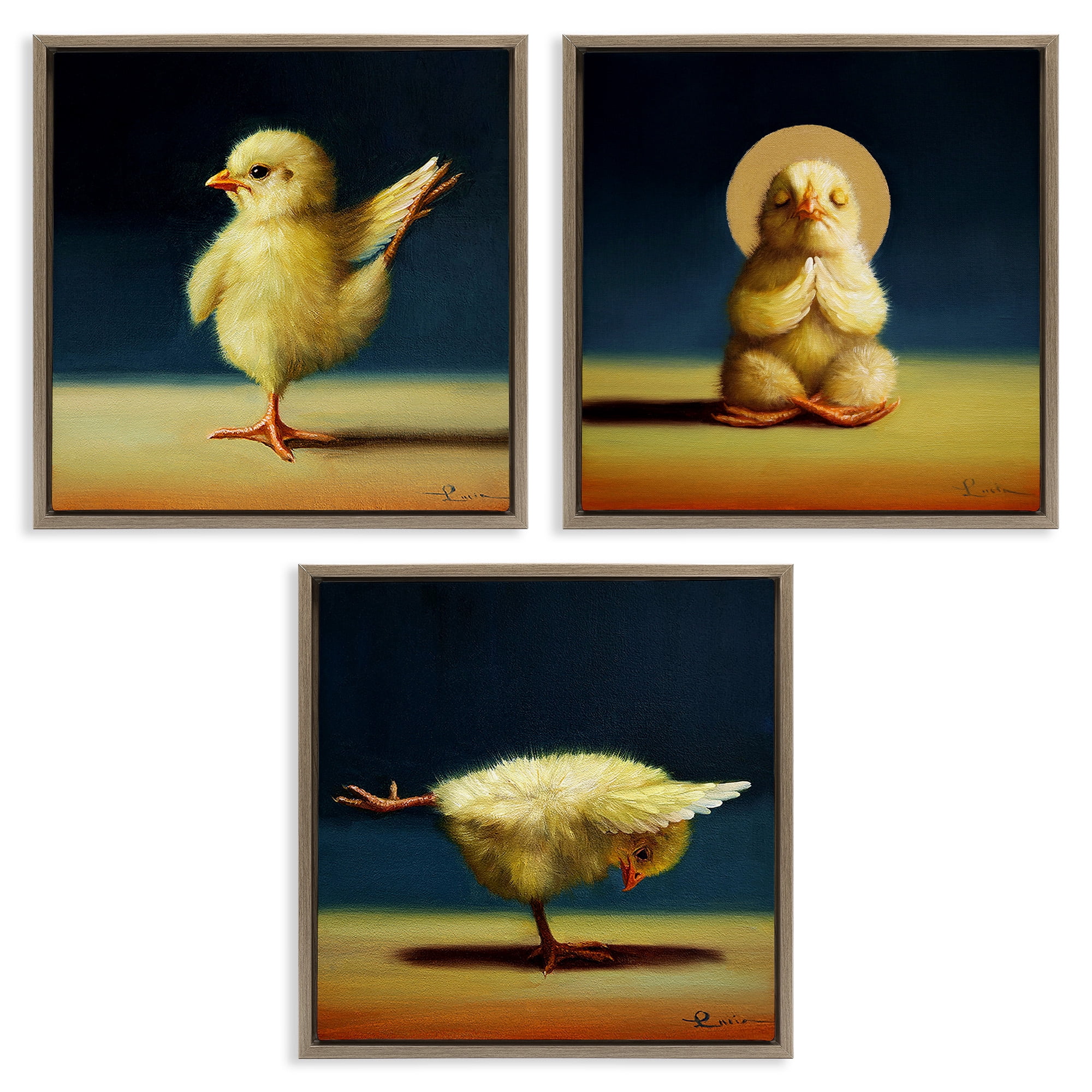 Stupell Industries Yoga Chick Trio Stretching Poses Animals & Insects Painting Brown Floater Framed Canvas Art Print Wall Art, 25 x 25, Set of 3