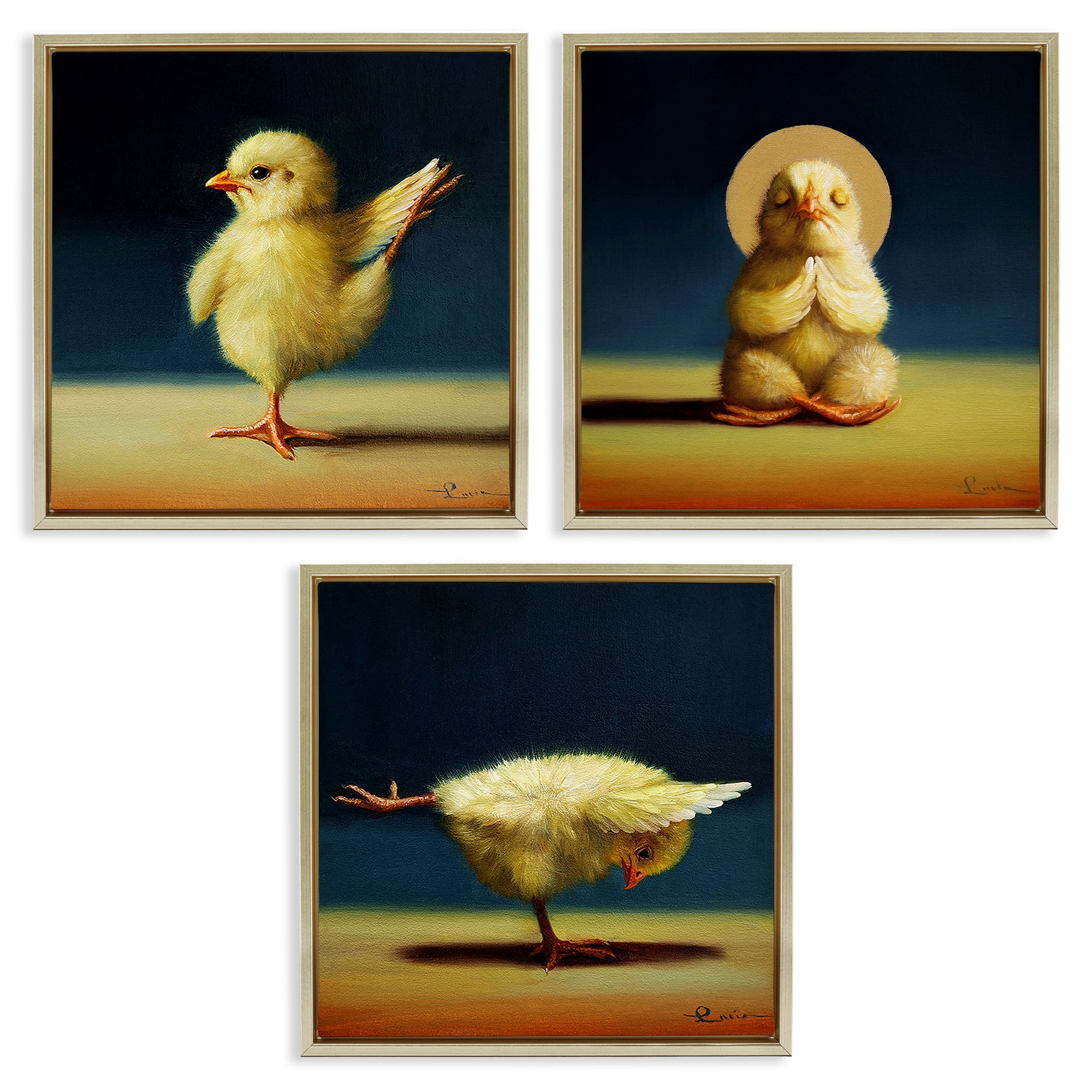 Stupell Industries Yoga Chick Trio Stretching Poses Animals & Insects Painting Gold Floater Framed Canvas Art Print Wall Art, 25 x 25, Set of 3