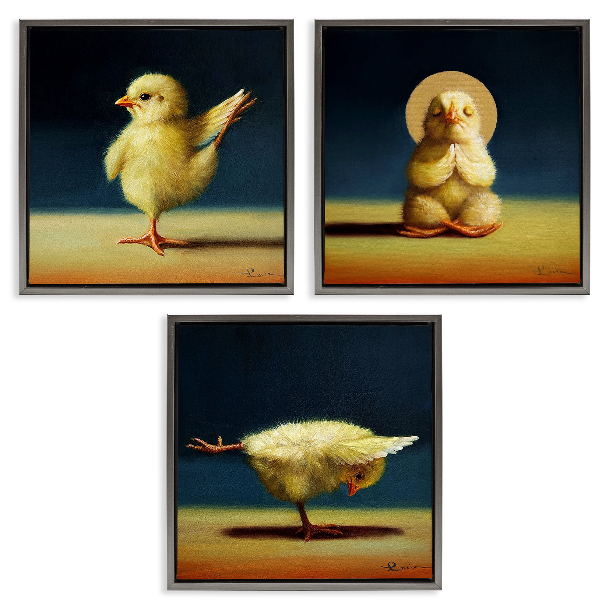 Stupell Industries Yoga Chick Trio Stretching Poses Animals & Insects Painting Gray Floater Framed Canvas Art Print Wall Art, 25 x 25, Set of 3
