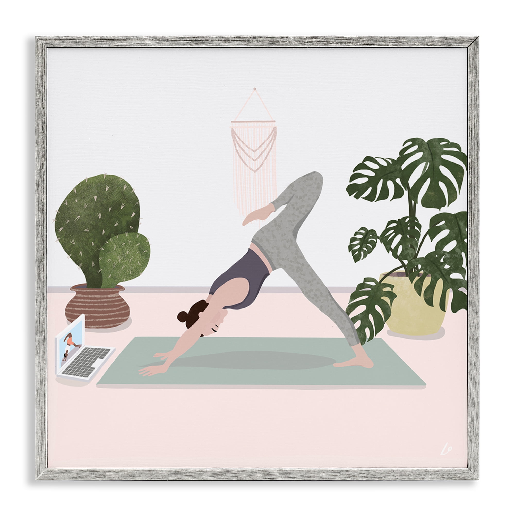 Stupell Industries Yoga Stretches with Plants Plants & Flowers Painting Gray Framed Art Print Wall Art, 12 x 12