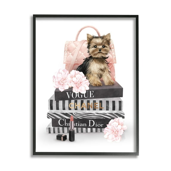 Stupell Industries Yorkie Puppy Glam Quilted Purse Fashion Bookstack Beauty & Fashion Painting Black Framed Art Print Wall Art, 11 x 14