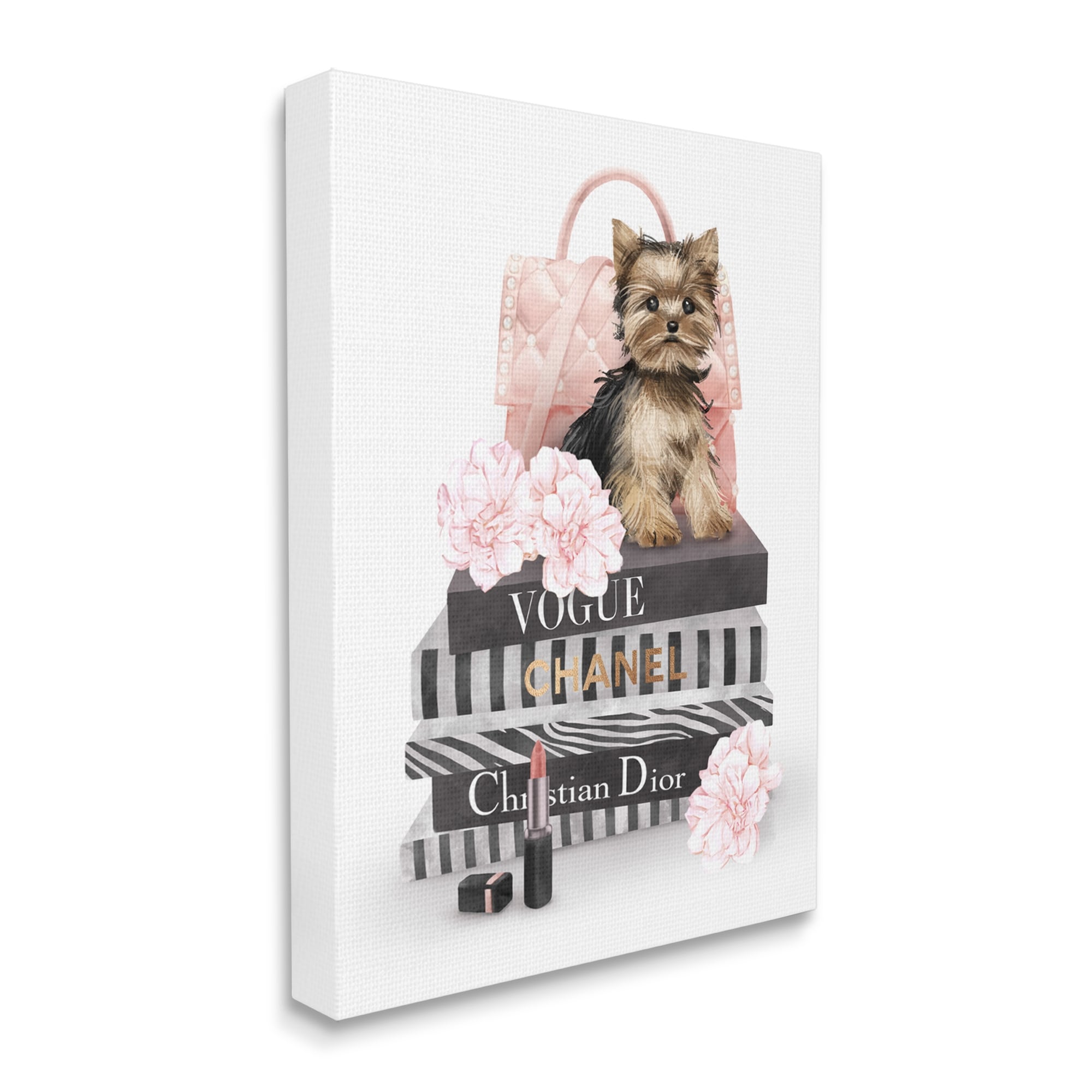Stupell Industries Yorkie Puppy Glam Quilted Purse Fashion Bookstack Beauty & Fashion Painting Gallery Wrapped Canvas Print Wall Art, 16 x 20