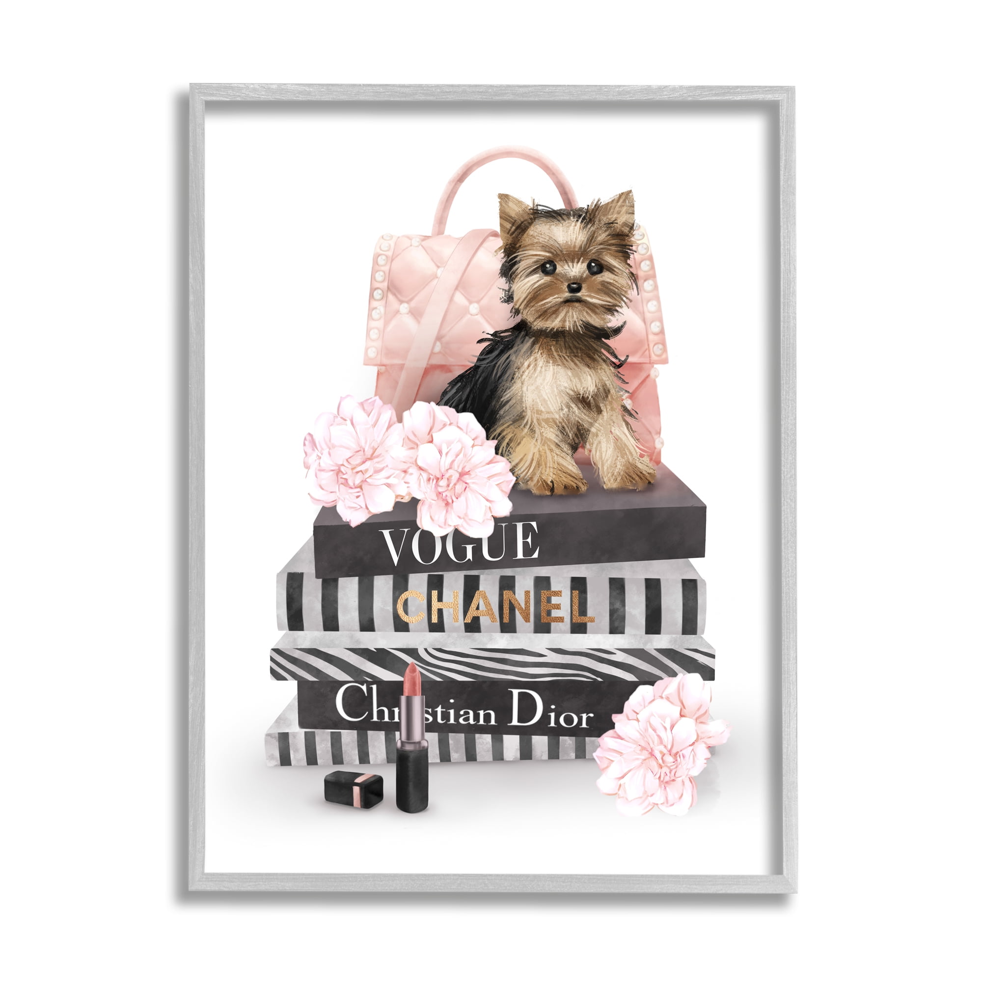Stupell Industries Yorkie Puppy Glam Quilted Purse Fashion Bookstack Beauty & Fashion Painting Gray Framed Art Print Wall Art, 16 x 20