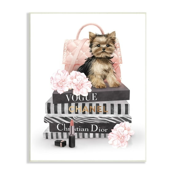 Stupell Industries Yorkie Puppy Glam Quilted Purse Fashion Bookstack Beauty & Fashion Painting Unframed Art Print Wall Art, 10 x 15