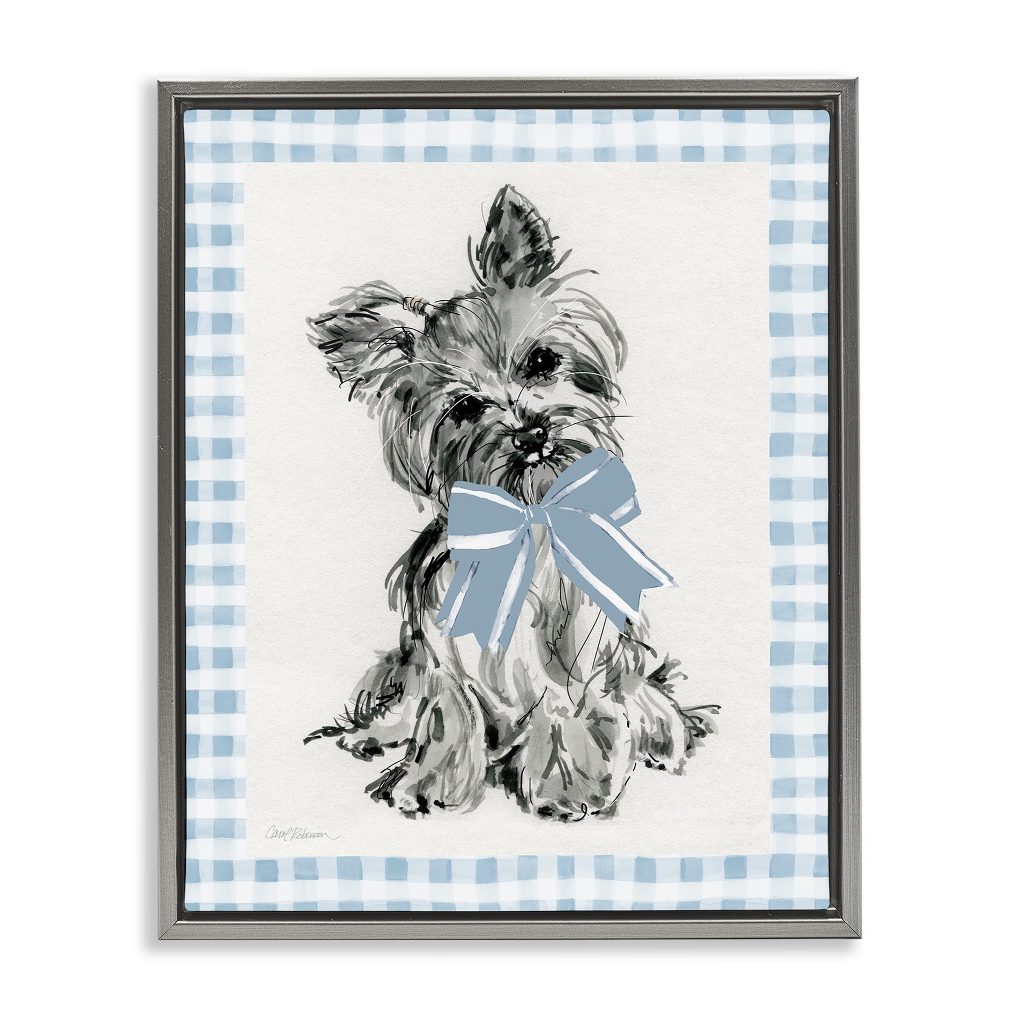 Stupell Industries Yorkie with Plaid Border Animals Painting Gray Floater Framed Canvas Art Print Wall Art, 25 x 31