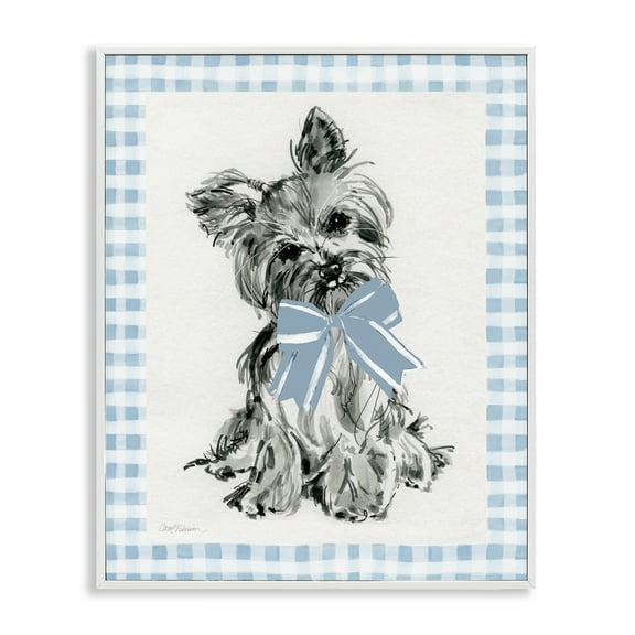 Stupell Industries Yorkie with Plaid Border Animals Painting White Framed Art Print Wall Art, 11 x 14
