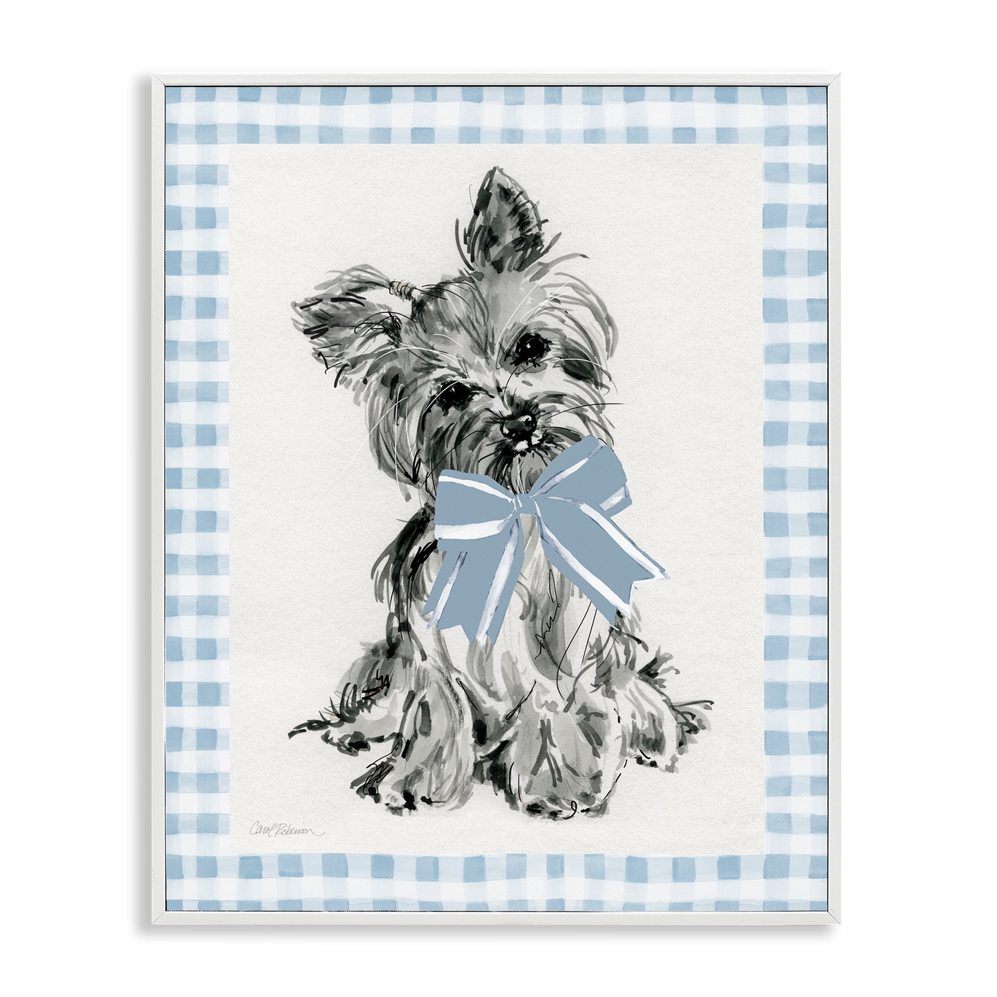 Stupell Industries Yorkie with Plaid Border Animals Painting White Framed Art Print Wall Art, 16 x 20