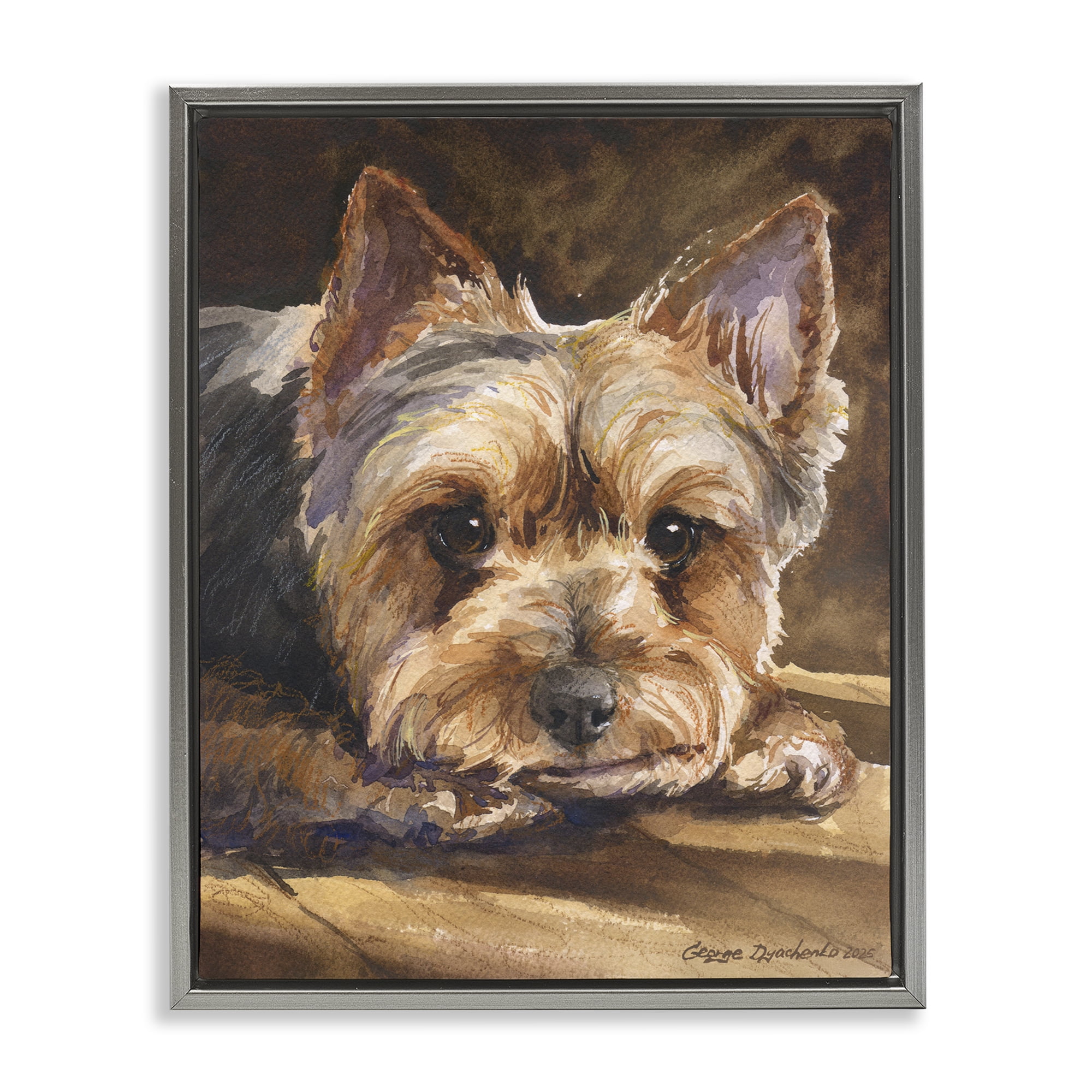 Stupell Industries Yorkshire Terrier Portrait Gray Framed Floater Canvas Wall Art, design by George Dyachenko