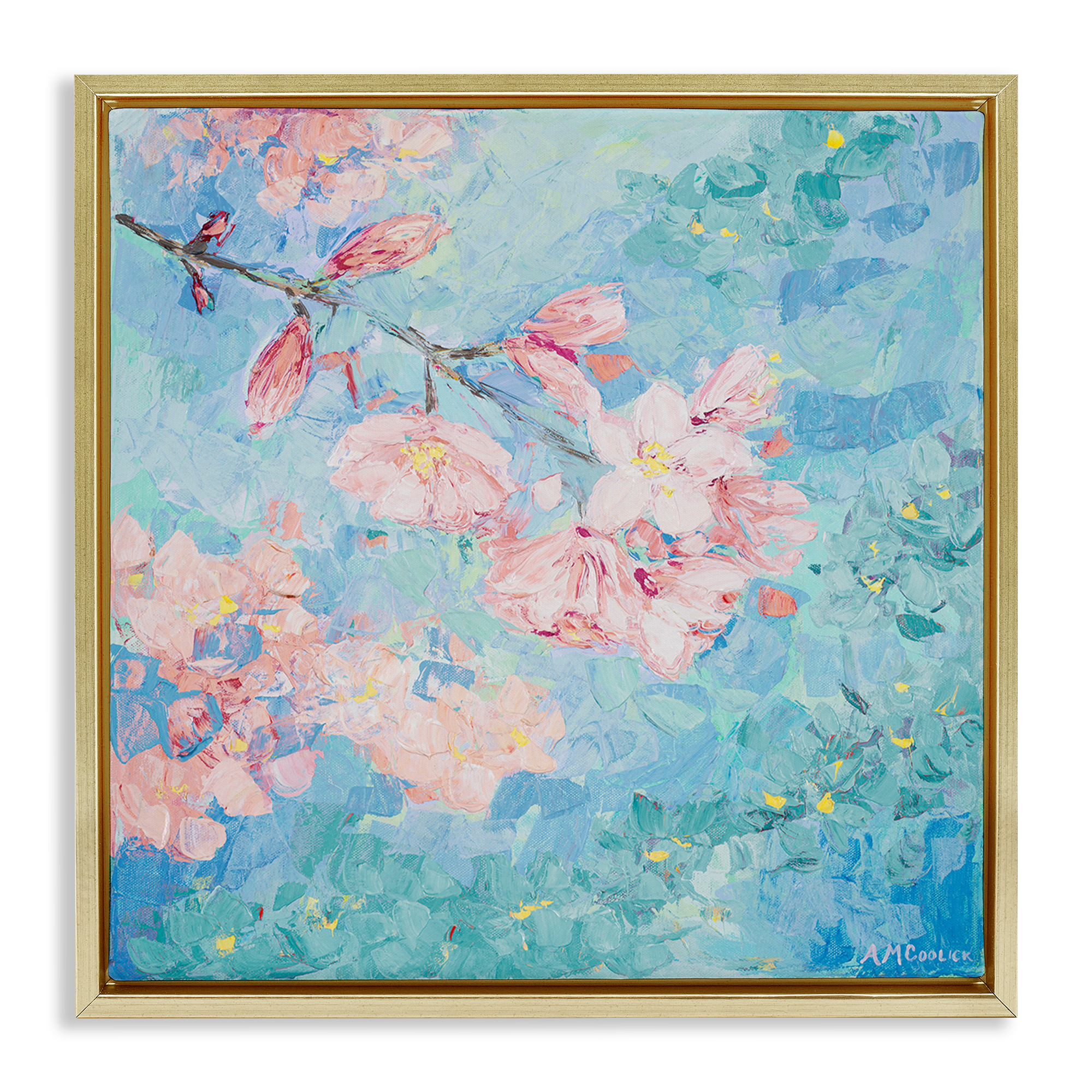 Stupell Industries Yoshino Cherry Blossom Plants & Flowers Painting Gold Floater Framed Canvas Art Print Wall Art, 25 x 25