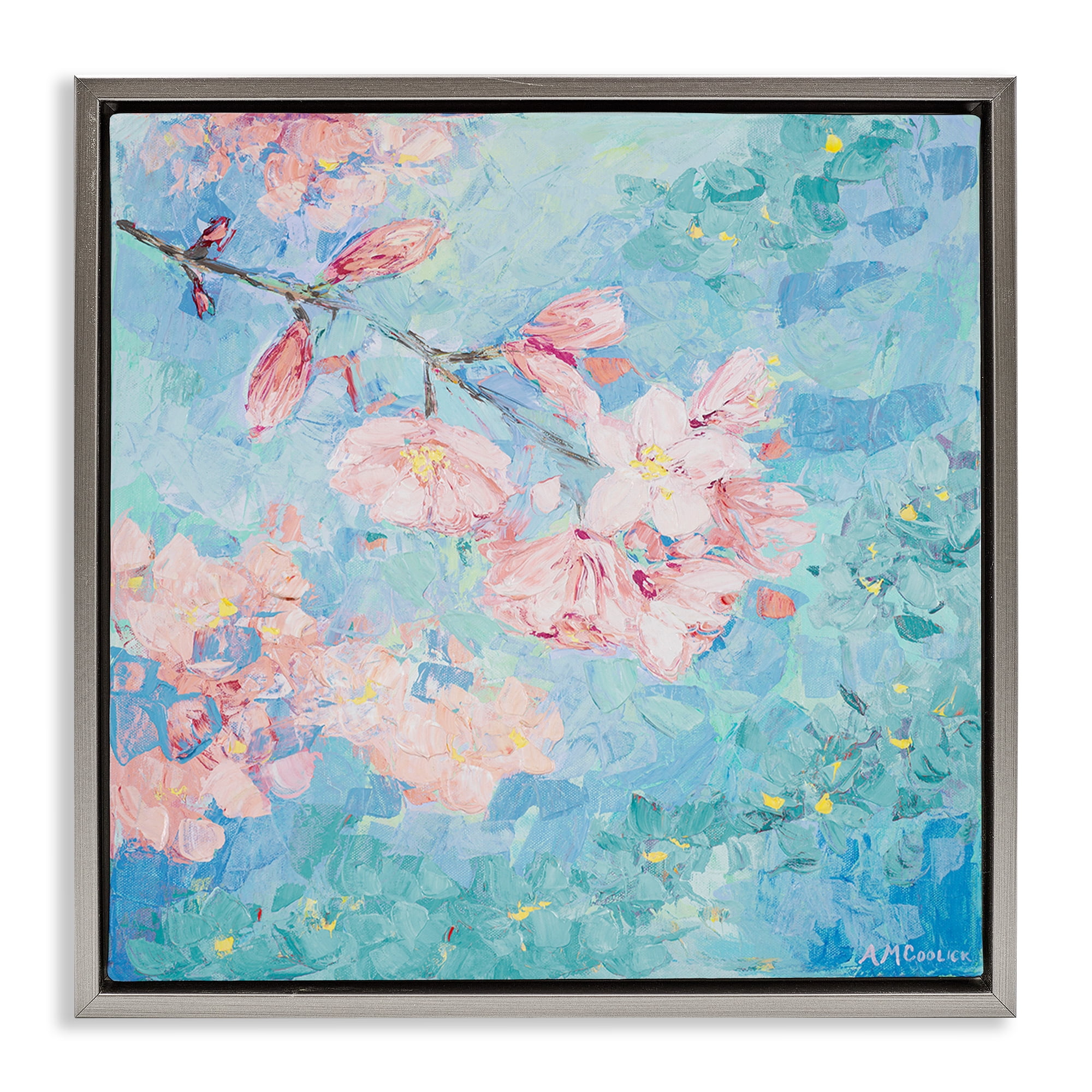 Stupell Industries Yoshino Cherry Blossom Plants & Flowers Painting Gray Floater Framed Canvas Art Print Wall Art, 25 x 25