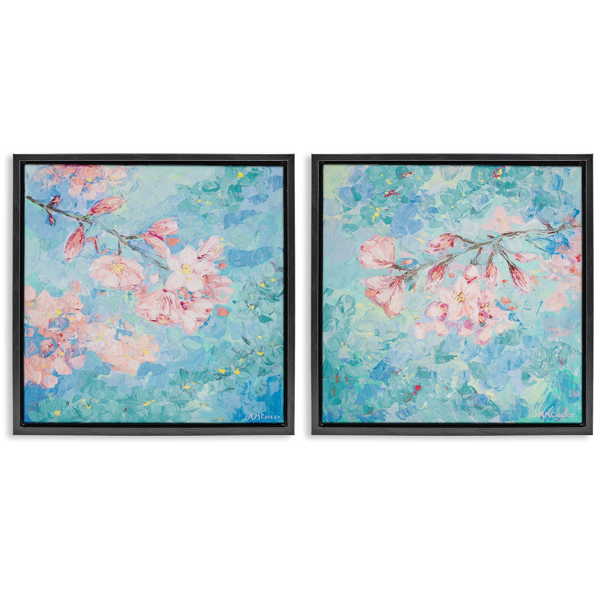 Stupell Industries Yoshino Cherry Blossoms Floral & Botanical Painting Black Floater Framed Canvas Art Print Wall Art, 25 x 25, Set of 2