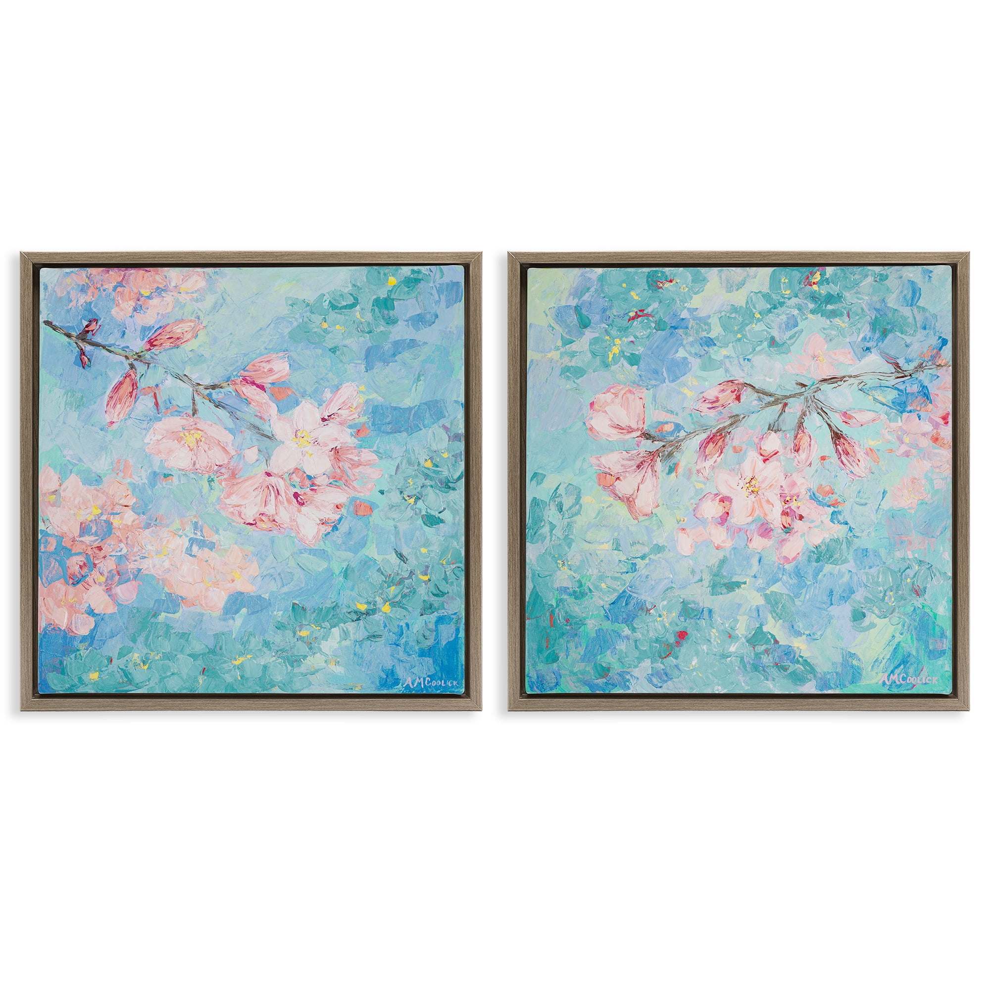 Stupell Industries Yoshino Cherry Blossoms Floral & Botanical Painting Brown Floater Framed Canvas Art Print Wall Art, 18 x 18, Set of 2