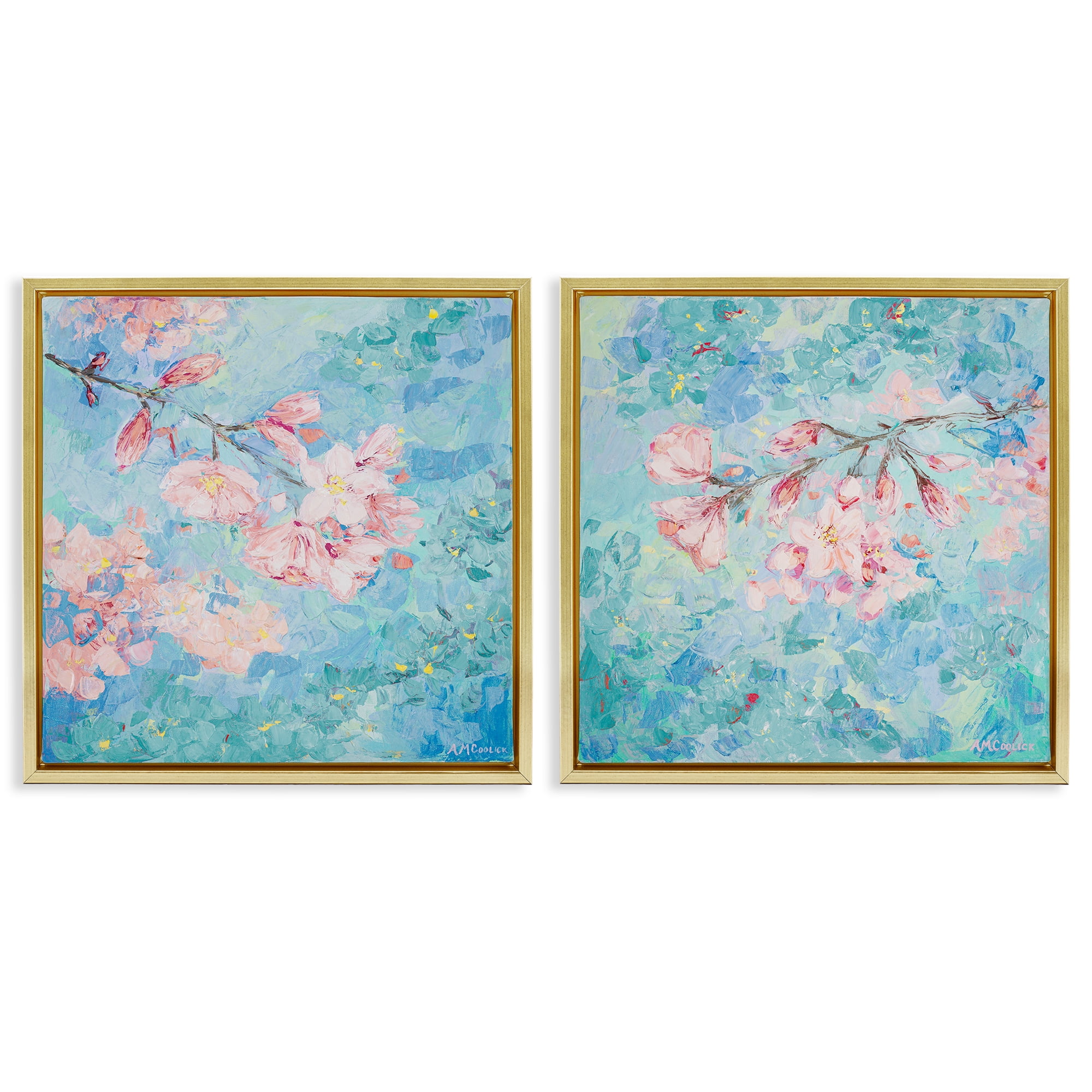 Stupell Industries Yoshino Cherry Blossoms Floral & Botanical Painting Gold Floater Framed Canvas Art Print Wall Art, 25 x 25, Set of 2