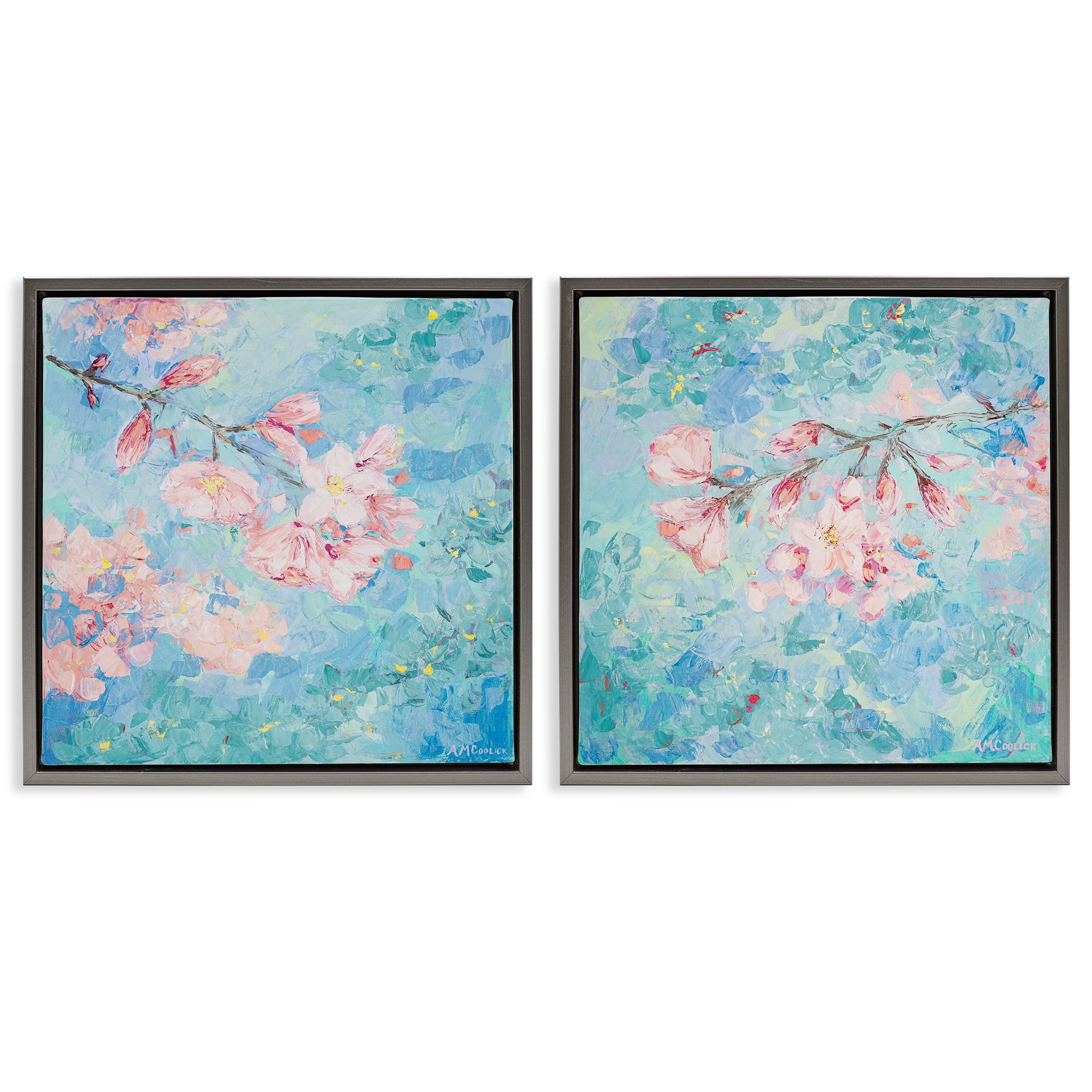 Stupell Industries Yoshino Cherry Blossoms Floral & Botanical Painting Gray Floater Framed Canvas Art Print Wall Art, 25 x 25, Set of 2