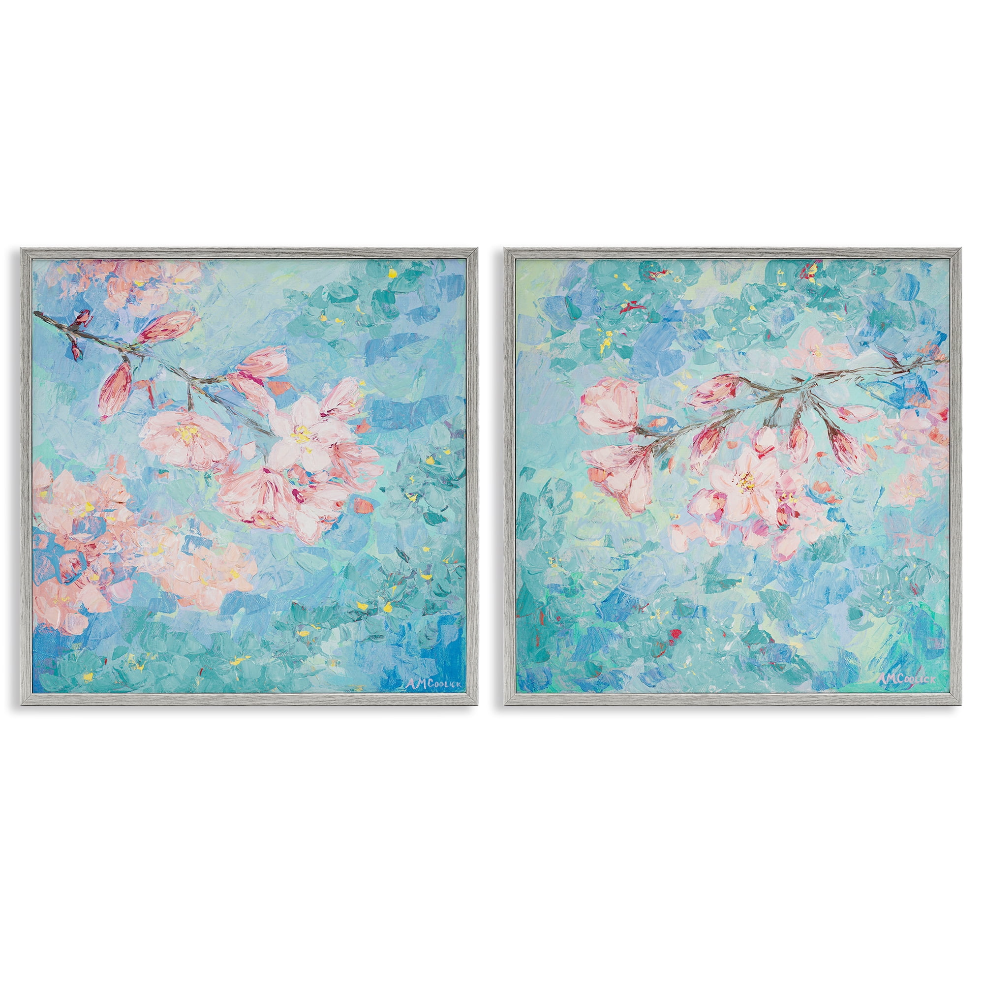 Stupell Industries Yoshino Cherry Blossoms Floral & Botanical Painting Gray Framed Art Print Wall Art, 12 x 12, Set of 2