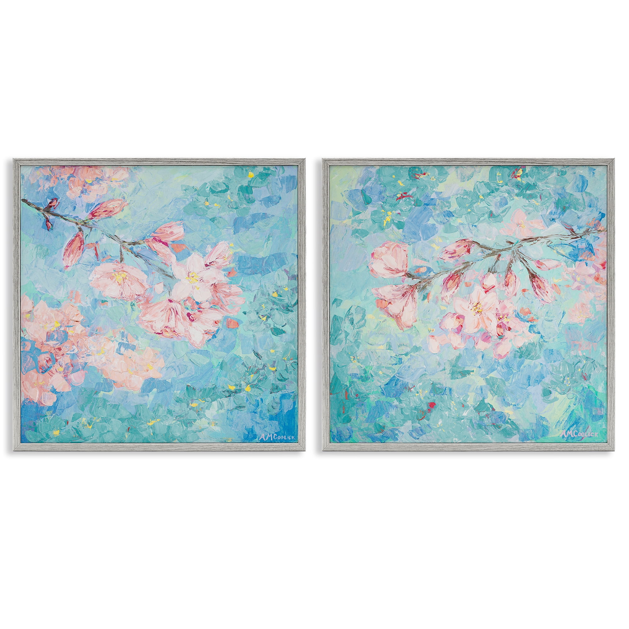 Stupell Industries Yoshino Cherry Blossoms Floral & Botanical Painting Gray Framed Art Print Wall Art, 24 x 24, Set of 2