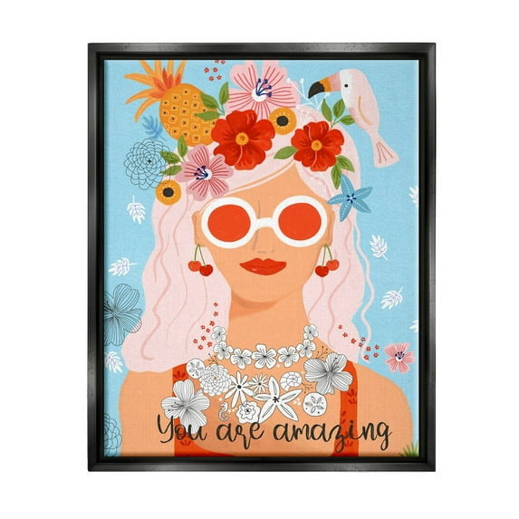 Stupell Industries You Are Amazing Motivational Floral Woman Portrait Graphic Art Jet Black Floating Framed Canvas Print Wall Art, Design by Sharon Lee