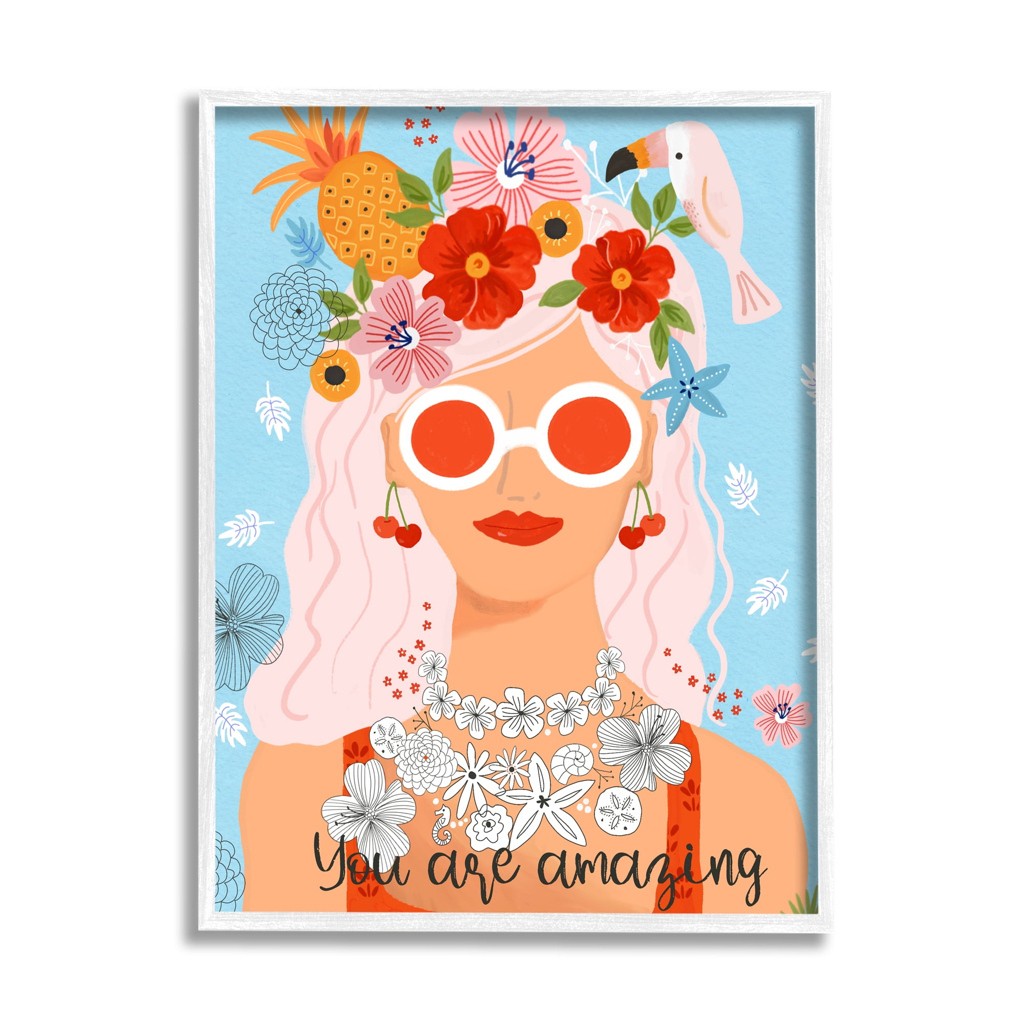 Stupell Industries You Are Amazing Motivational Floral Woman Portrait Graphic Art White Framed Art Print Wall Art, Design by Sharon Lee