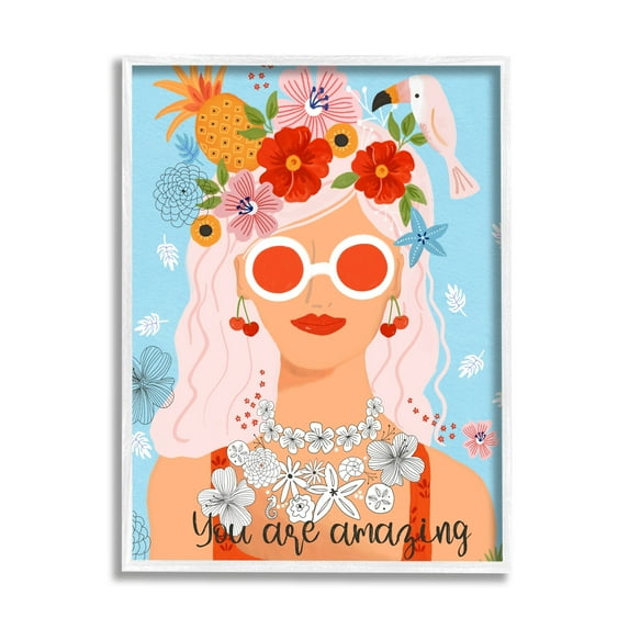 Stupell Industries You Are Amazing Motivational Floral Woman Portrait Graphic Art White Framed Art Print Wall Art, Design by Sharon Lee