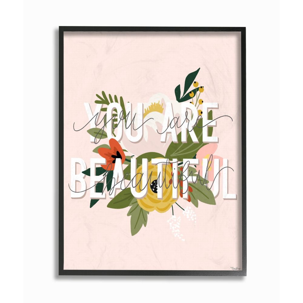 Stupell Industries You Are Beautiful Pink Flower Inspirational Word Design Graphic Art Black Framed Art Print Wall Art, 11x14, by Gigi Louise
