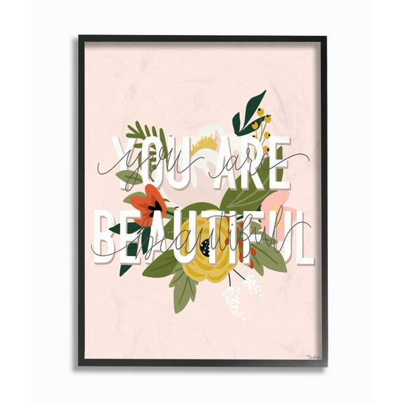 Stupell Industries You Are Beautiful Pink Flower Inspirational Word Design Graphic Art Black Framed Art Print Wall Art, 16x20, by Gigi Louise