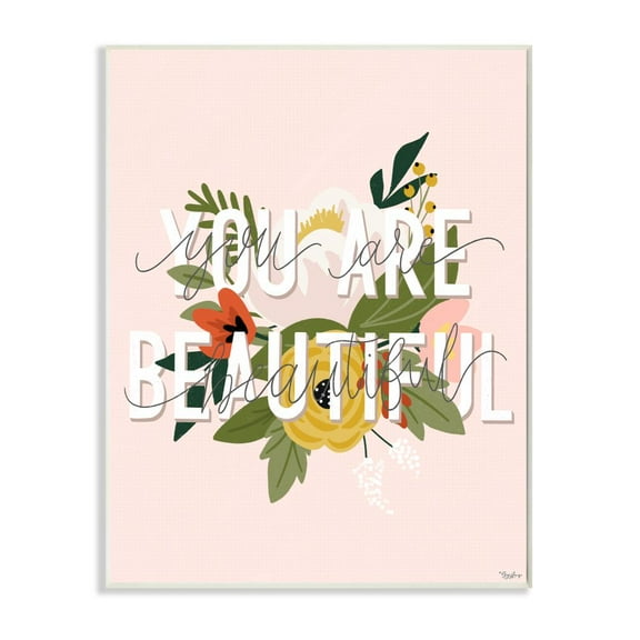 Stupell Industries You Are Beautiful Pink Flower Inspirational Word Design Graphic Art Unframed Art Print Wall Art, 10x15, by Gigi Louise
