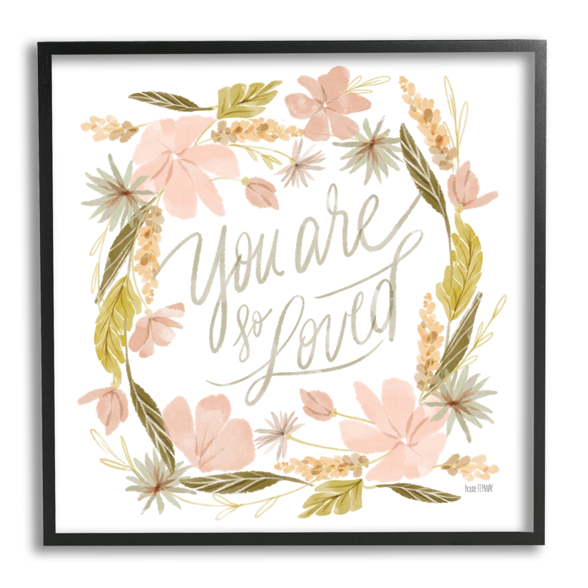 Stupell Industries You Are Loved Wreath Botanical & Floral Painting Black Framed Art Print Wall Art, 12 x 12