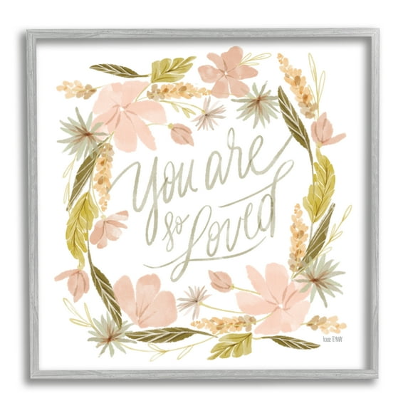 Stupell Industries You Are Loved Wreath Botanical & Floral Painting Gray Framed Art Print Wall Art, 12 x 12