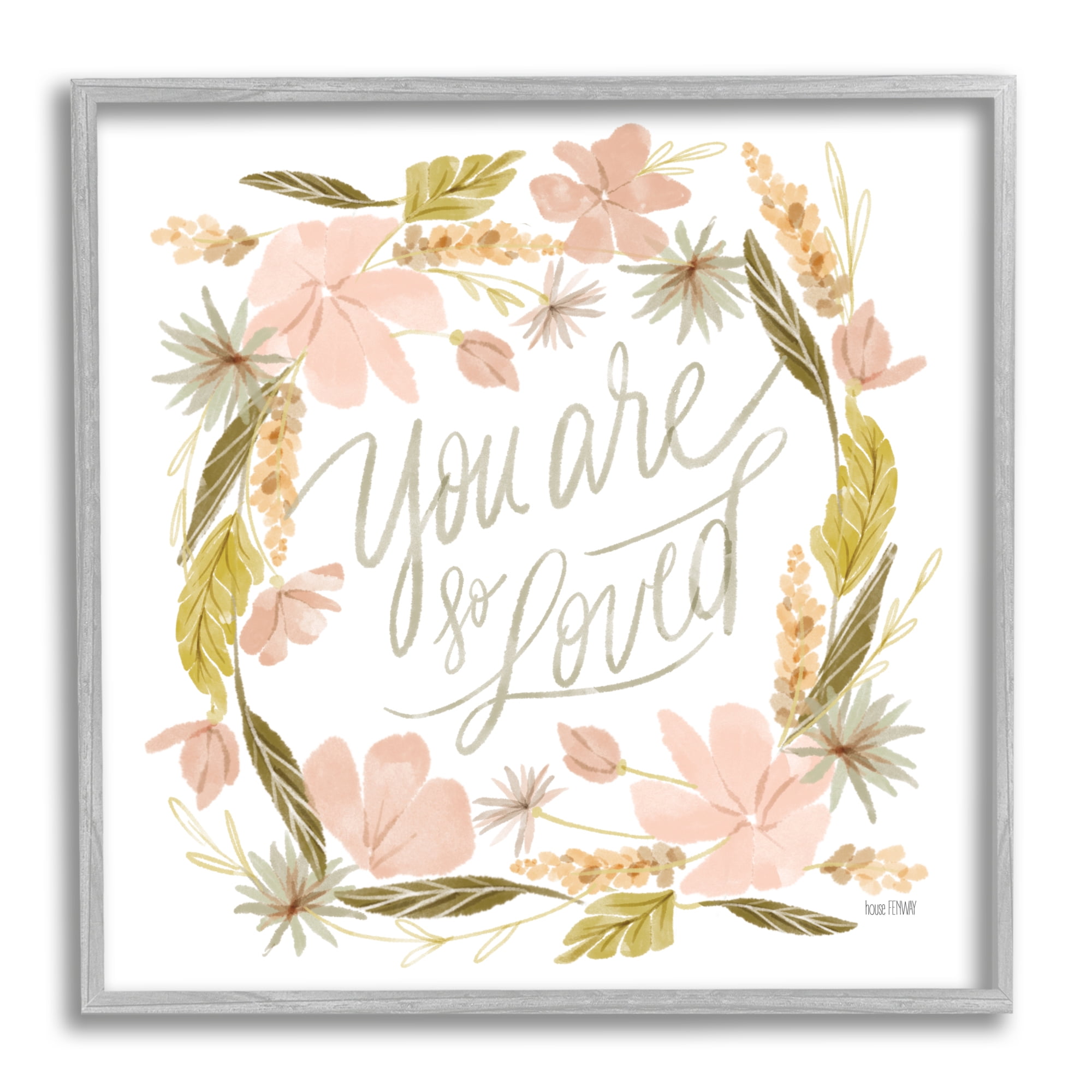 Stupell Industries You Are Loved Wreath Botanical & Floral Painting Gray Framed Art Print Wall Art, 17 x 17
