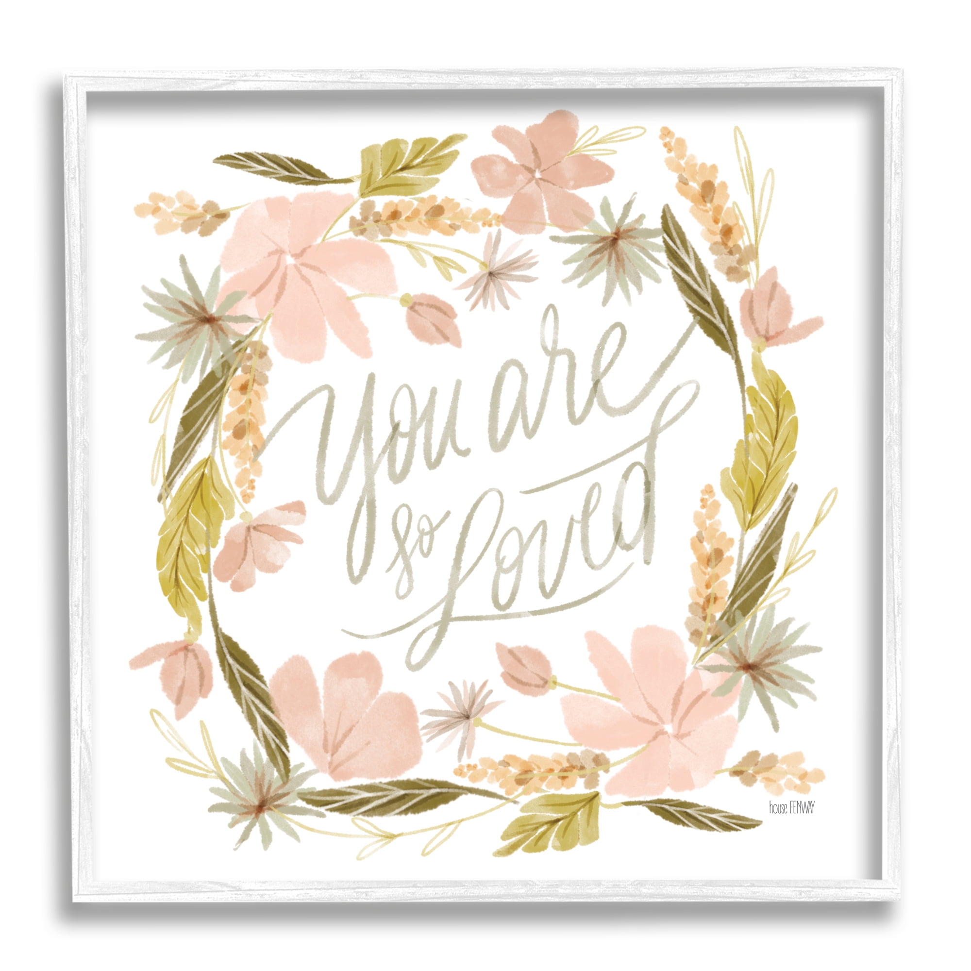 Stupell Industries You Are Loved Wreath Botanical & Floral Painting White Framed Art Print Wall Art, 17 x 17