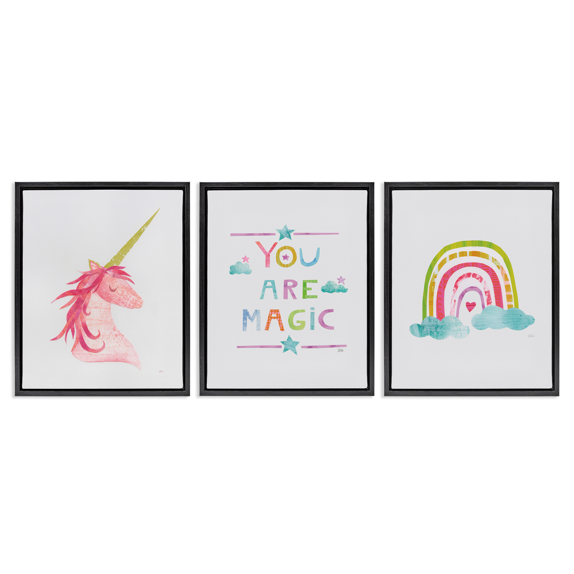 Stupell Industries You Are Magic Rainbow & Unicorn Art for Kids Painting Black Floater Framed Canvas Art Print Wall Art, 17 x 21, Set of 3