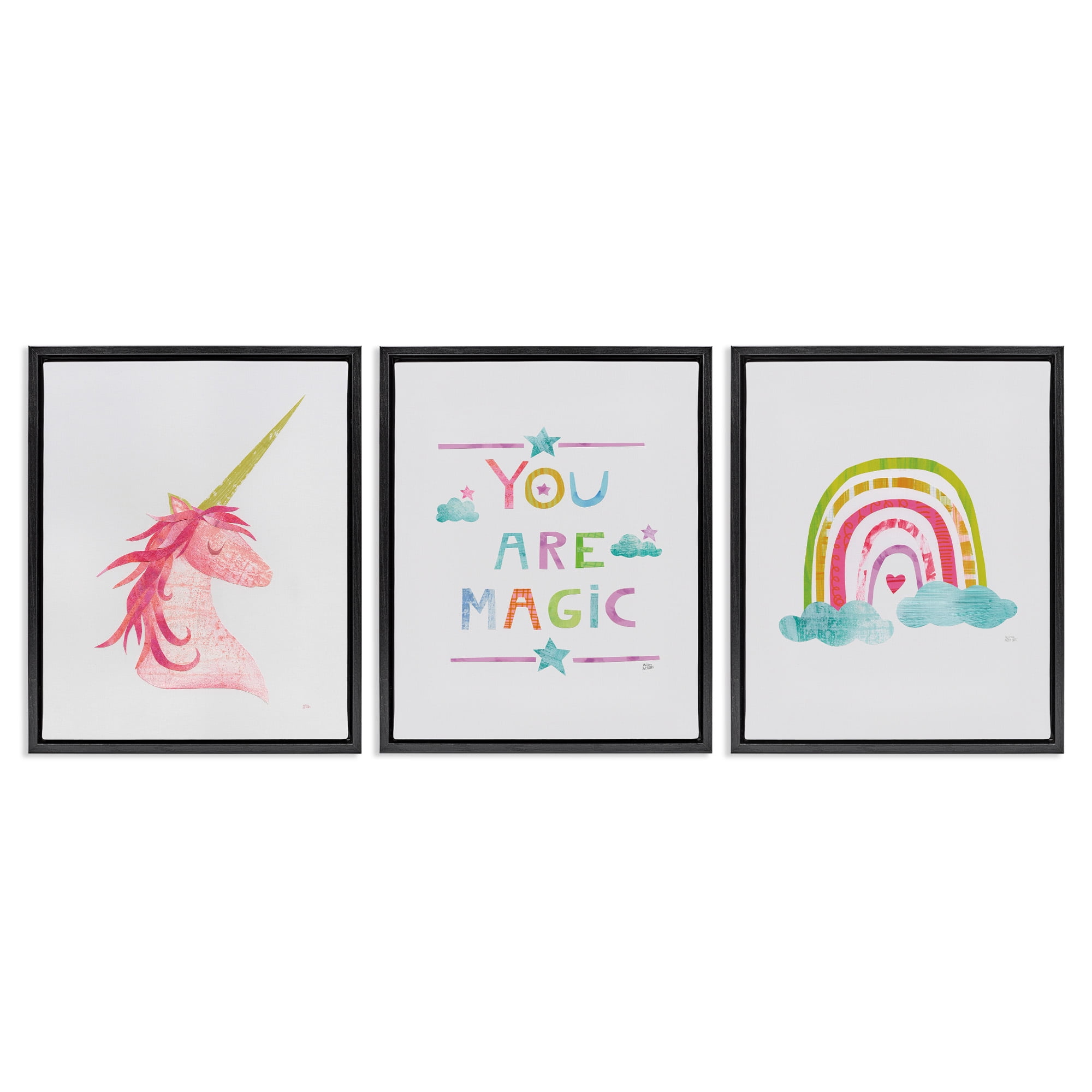 Stupell Industries You Are Magic Rainbow & Unicorn Art for Kids Painting Black Floater Framed Canvas Art Print Wall Art, 25 x 31, Set of 3