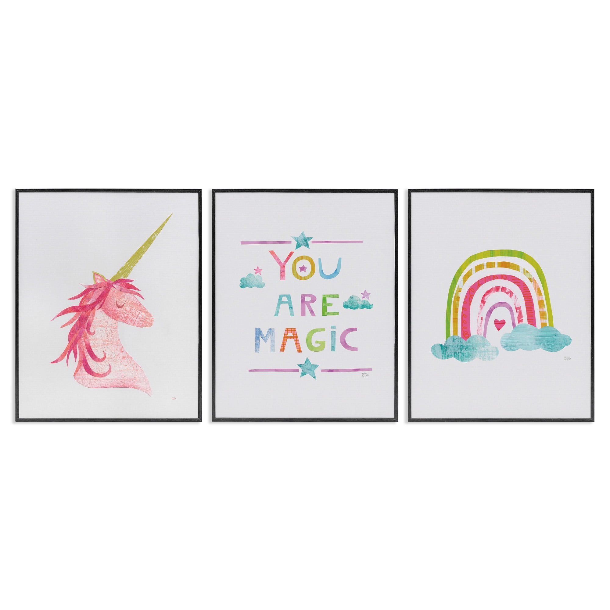 Stupell Industries You Are Magic Rainbow & Unicorn Art for Kids Painting Black Framed Art Print Wall Art, 11 x 14, Set of 3