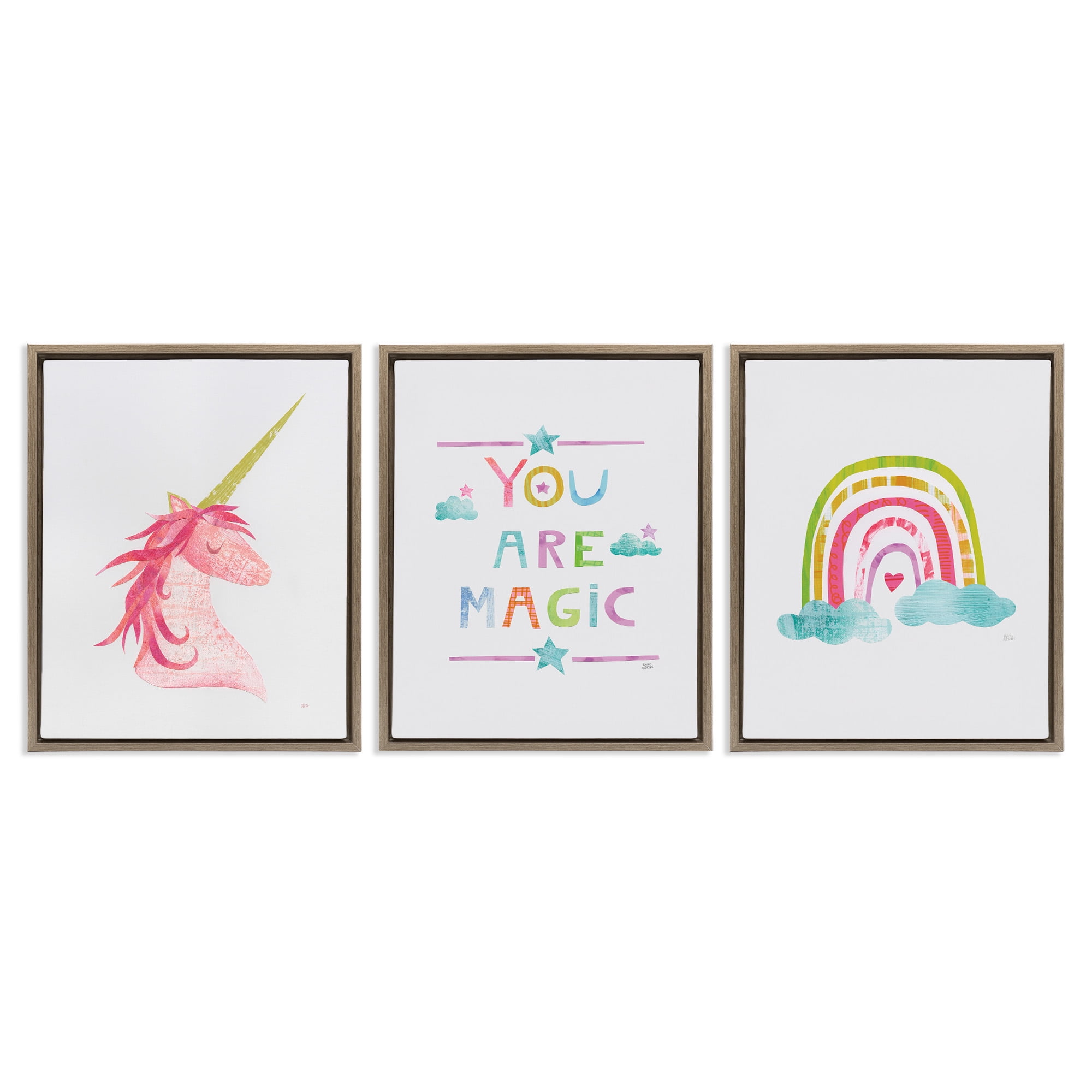 Stupell Industries You Are Magic Rainbow & Unicorn Art for Kids Painting Brown Floater Framed Canvas Art Print Wall Art, 17 x 21, Set of 3